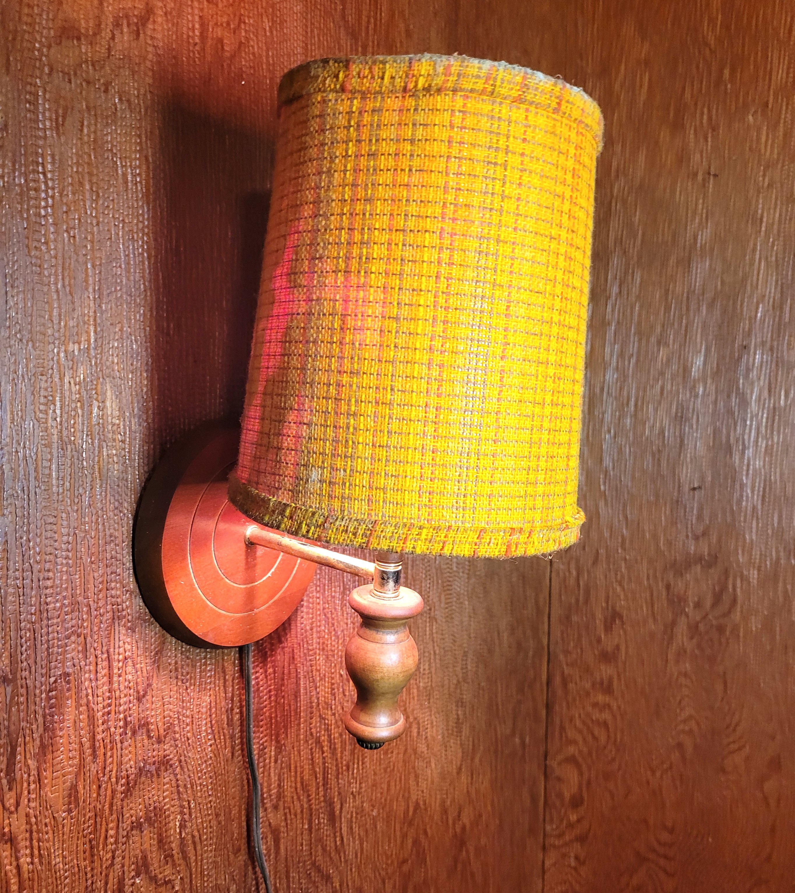 1970 Wall Sconce Lamp Turned Wood Base Yellow Woven Burlap - photo 2