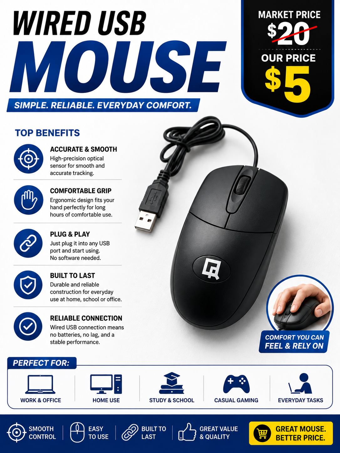 Black Wired USB Mouse | Plug & Play |