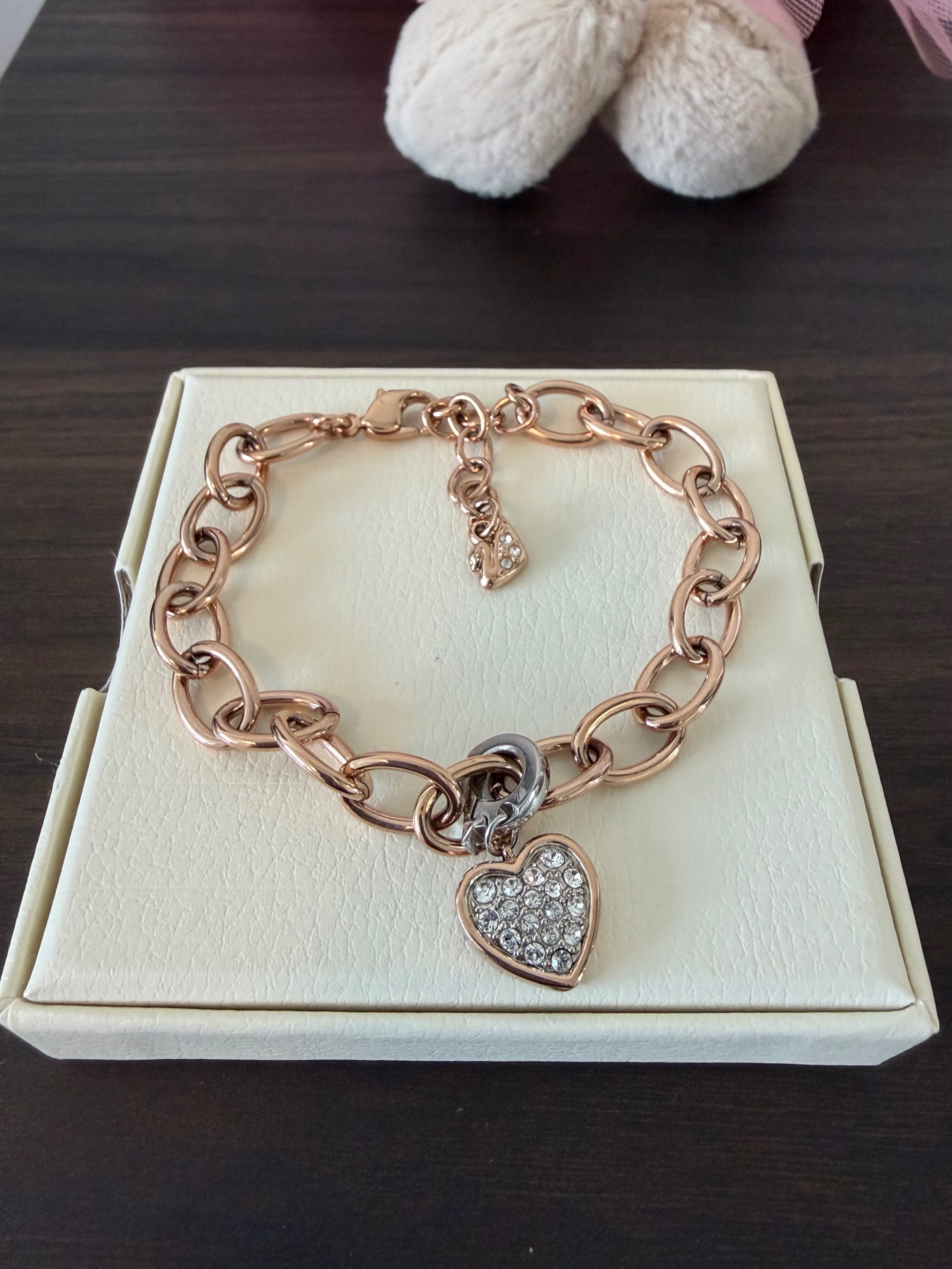 Vintage Swarovski Rose Gold Bracelet with Charm Heart 7"-8.5"