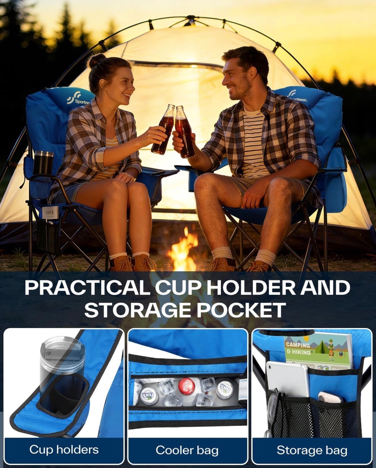 Outdoor Chair Adjustable Backrest Cup Holder Cooler Bag Oversize - photo 3