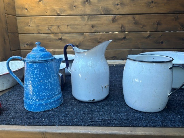 Vintage Enamel Pitchers and Coffee Pot
