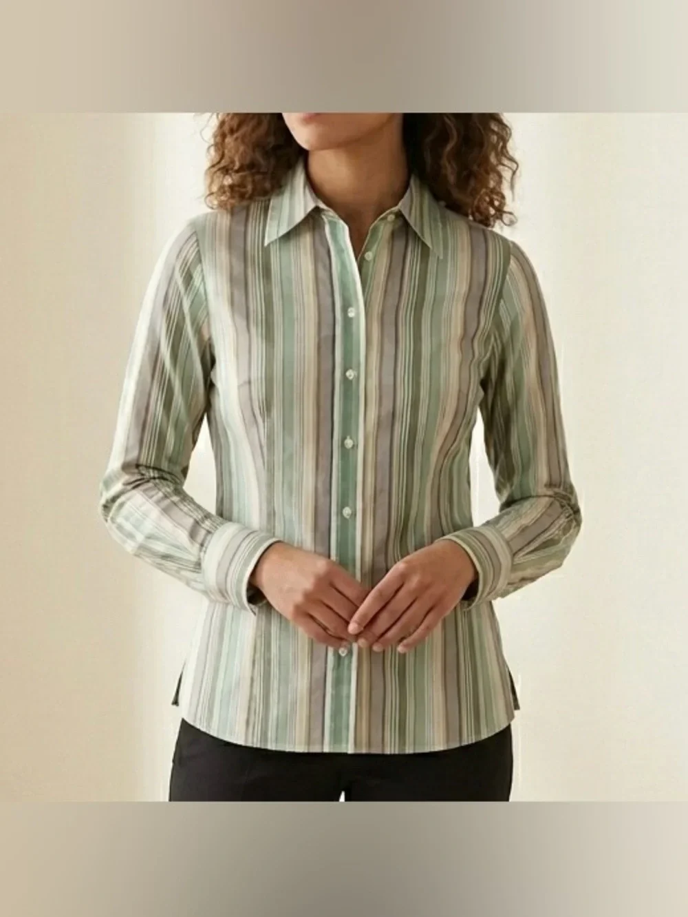 Y2 Blu Striped Long Sleeve Button Up Fitted Blouse Womens Size S