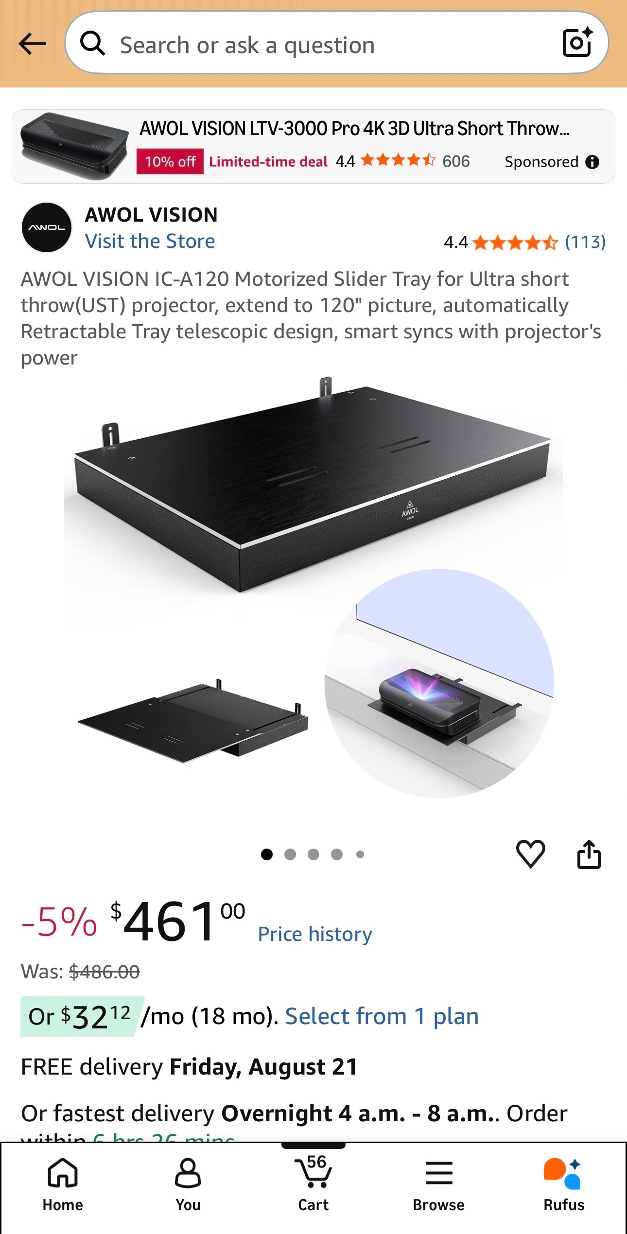 Motorized Slider Tray for UST projector extend to 120" Retractab