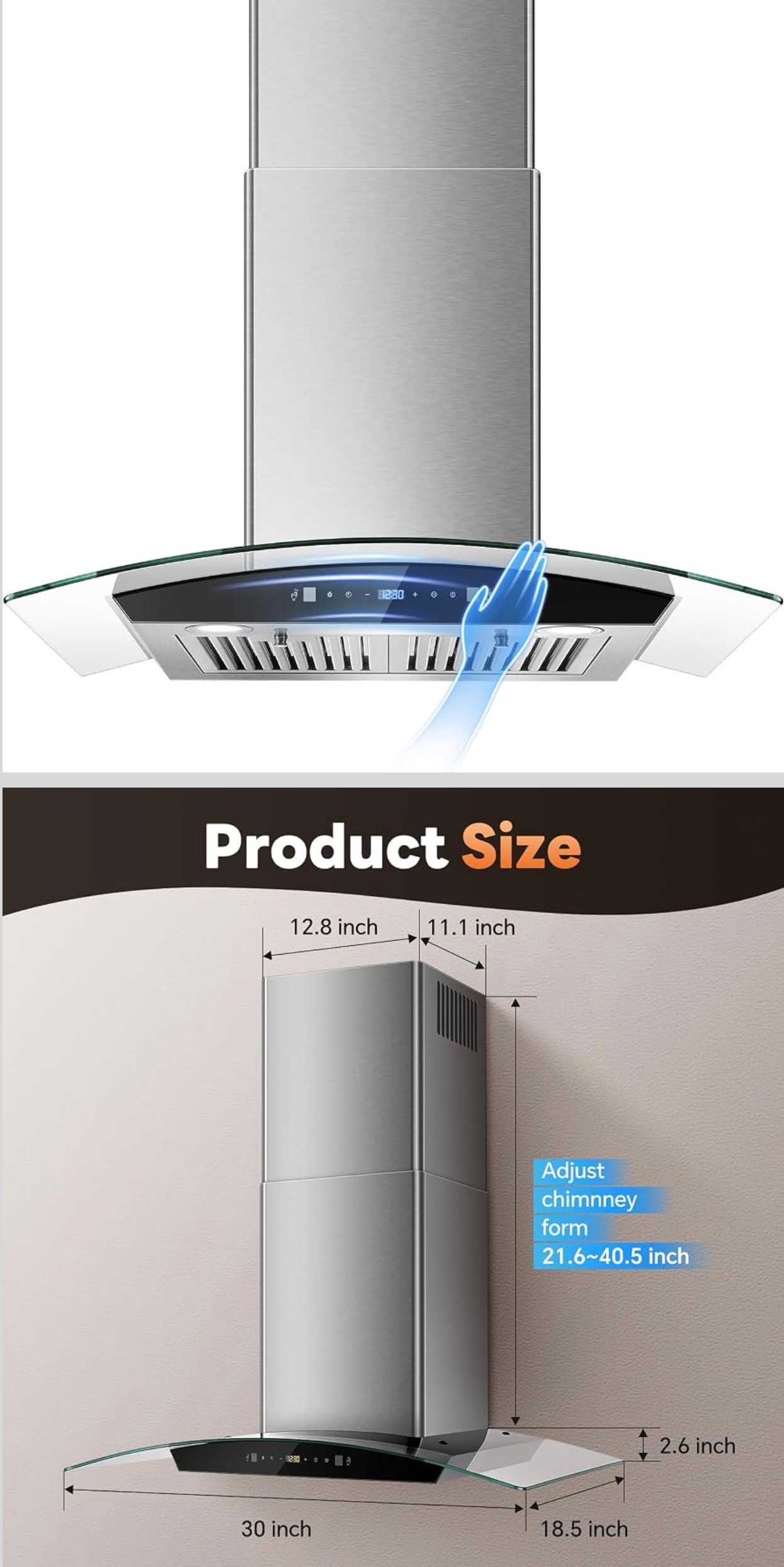 Kitchen Range Hood 30" Wall Mount Stainless Steel Touch Control