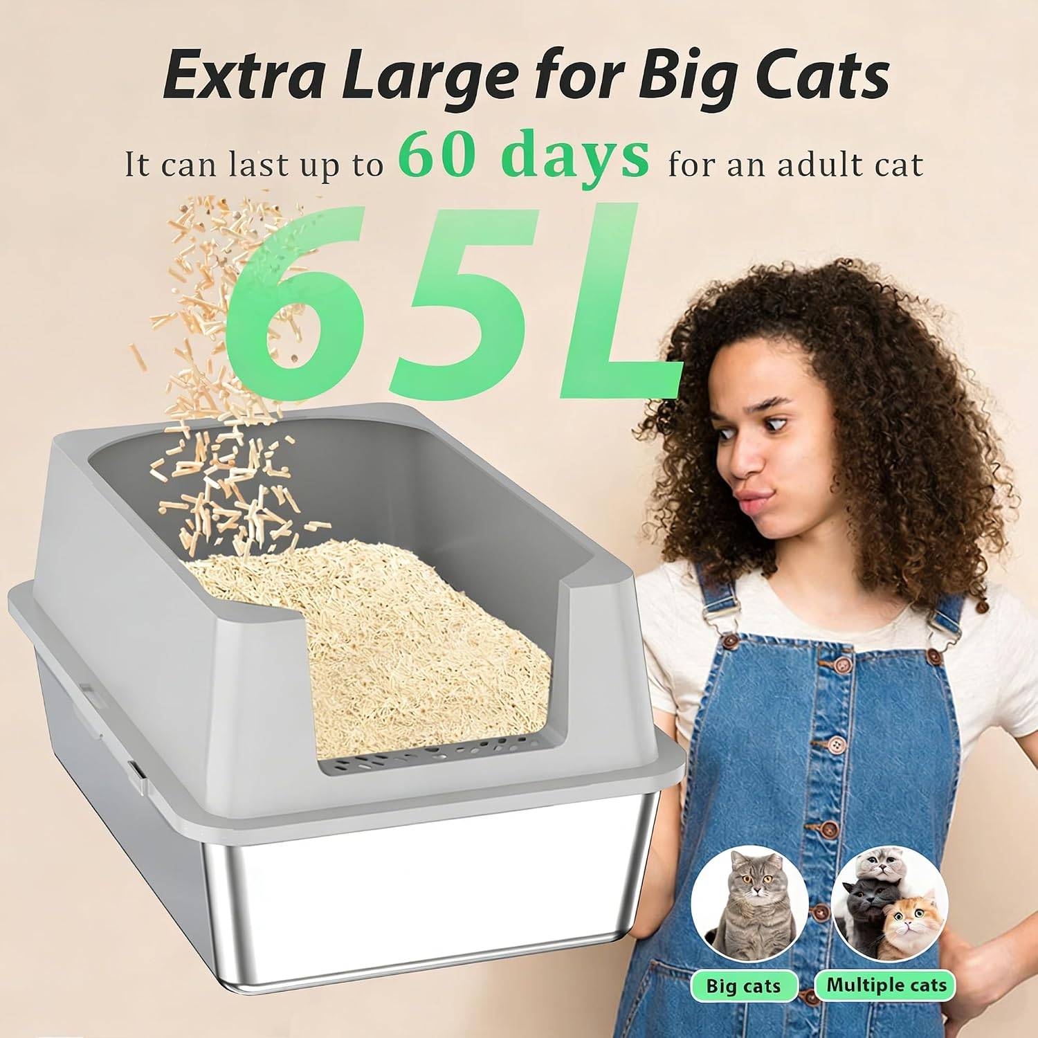 Extra Large Stainless Steel Cat Litter Box 65L - photo 5
