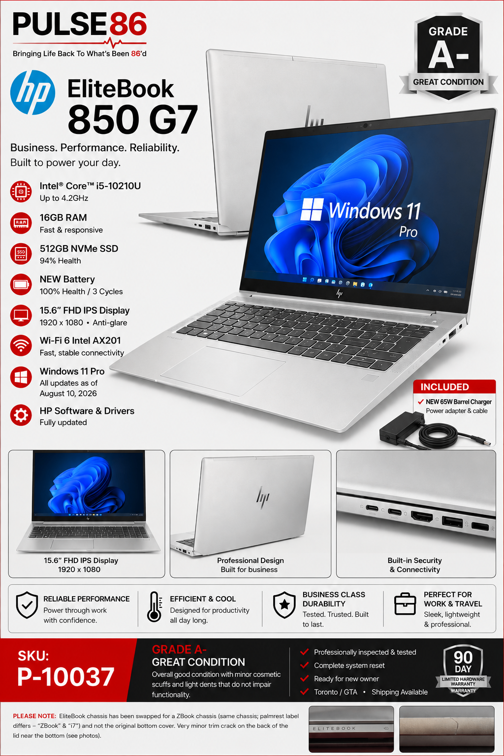HP EliteBook 850 G7 15.6" FHD i5 16GB 512GB NEW Battery Win11P