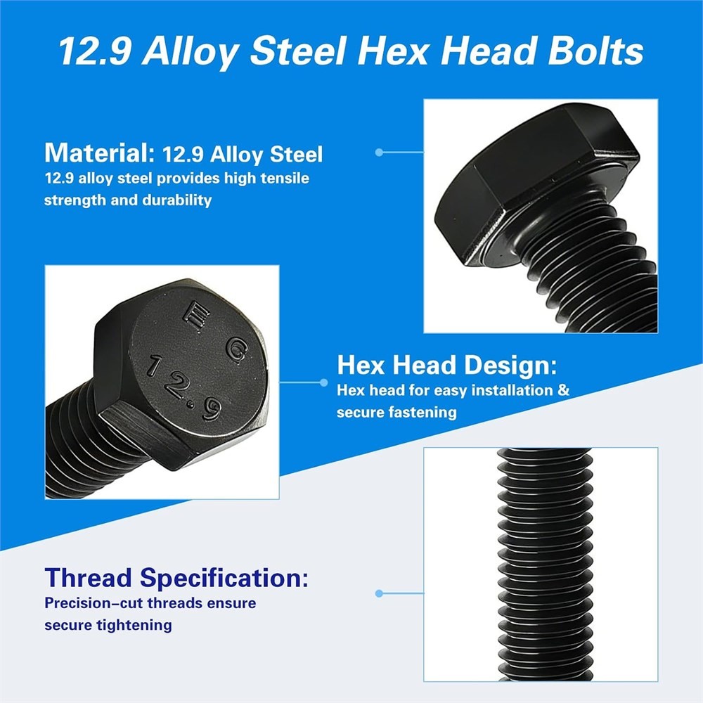 M10 x 50mm Hex Head Bolts M10x1.5 Grade 12.9 – 10 Pcs - photo 3