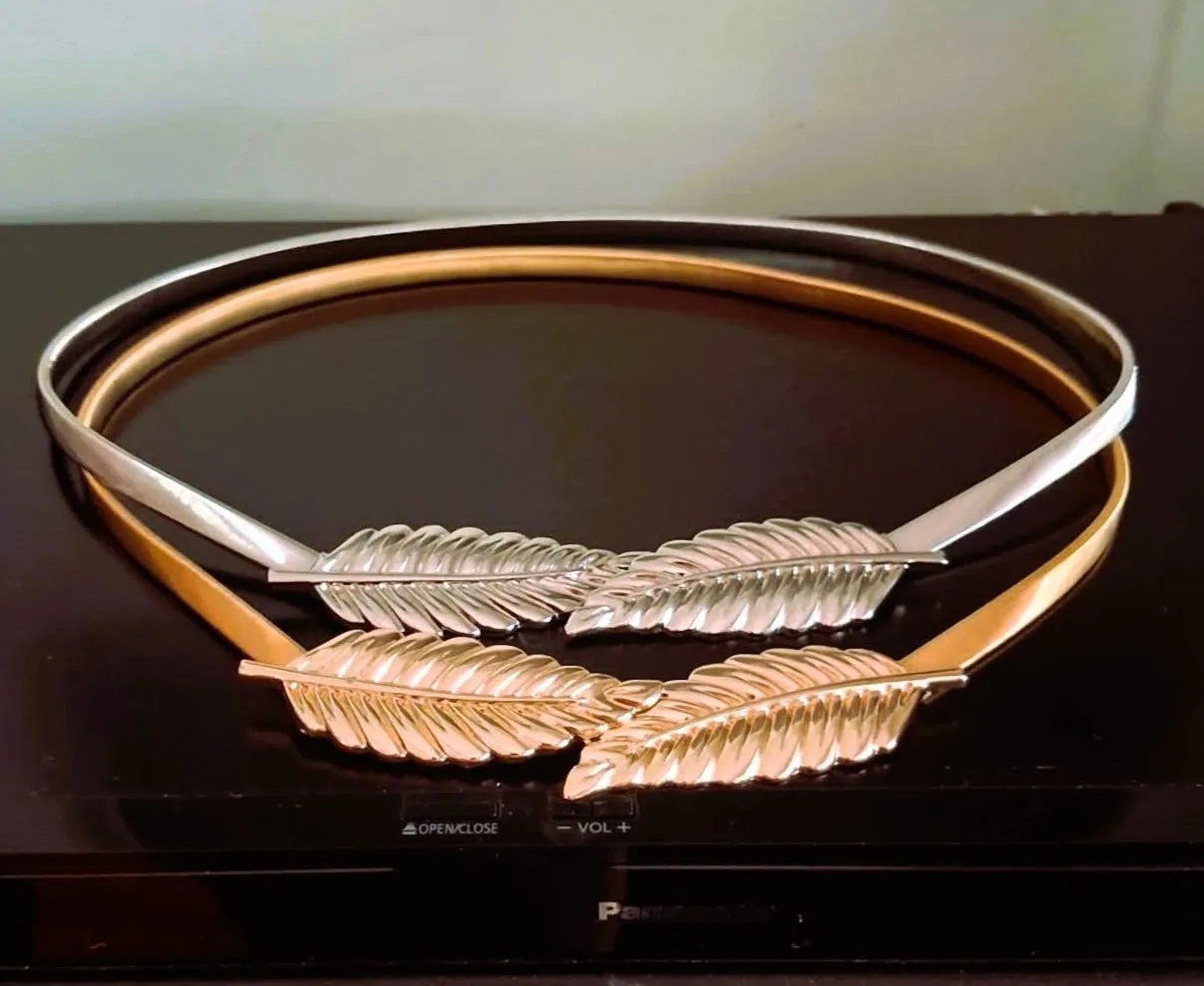 2-Set, New Elegant Gold & Silver Metal Leaf Elastic Stretch Belt