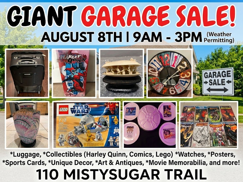 Garage Sale. Furniture, Watches, Lego, posters and sports cars