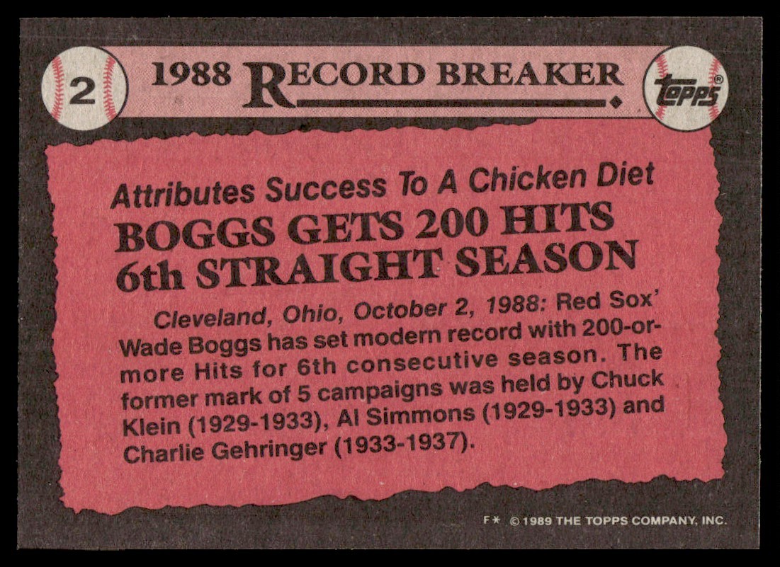 1989 Topps Record Breaker Wade Boggs Baseball Card # 2 - photo 2