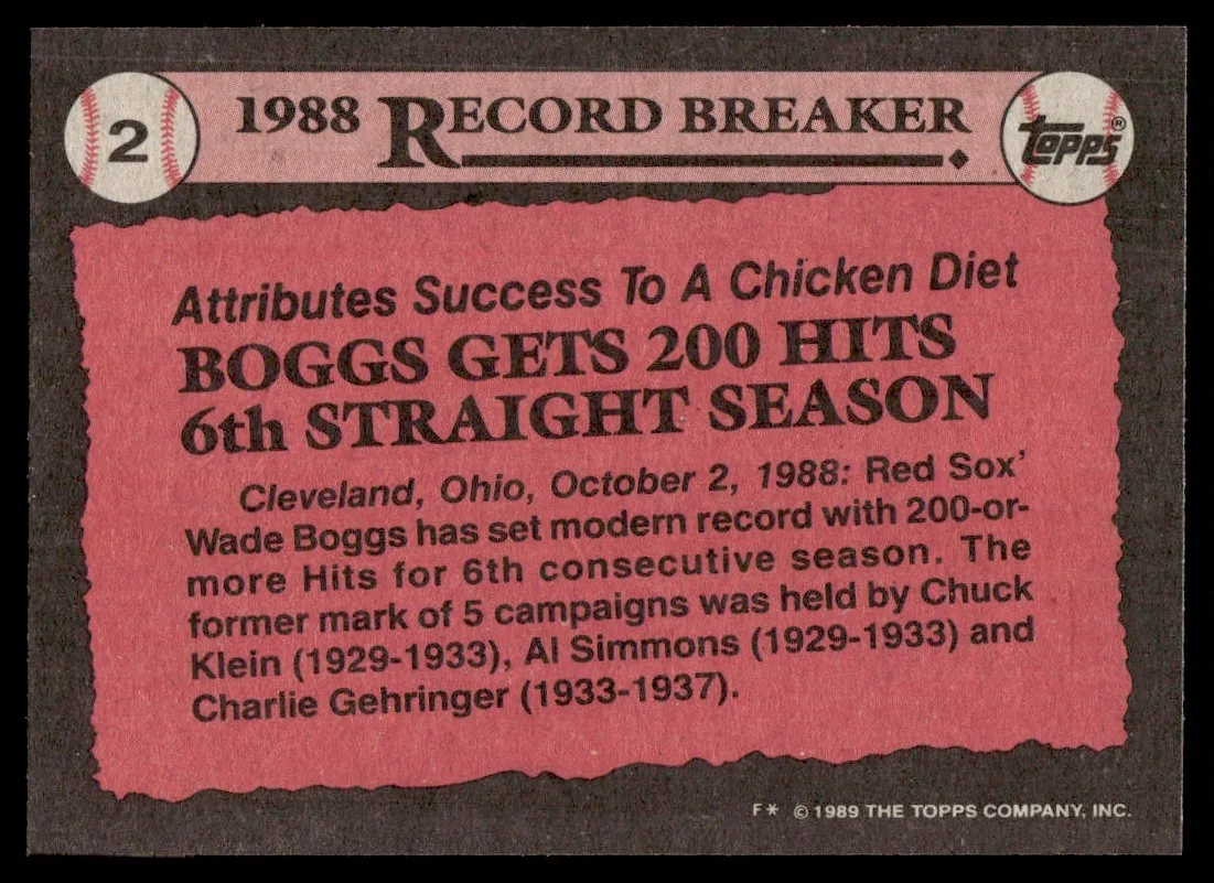 1989 Topps Record Breaker Wade Boggs Baseball Card # 2 - photo 2
