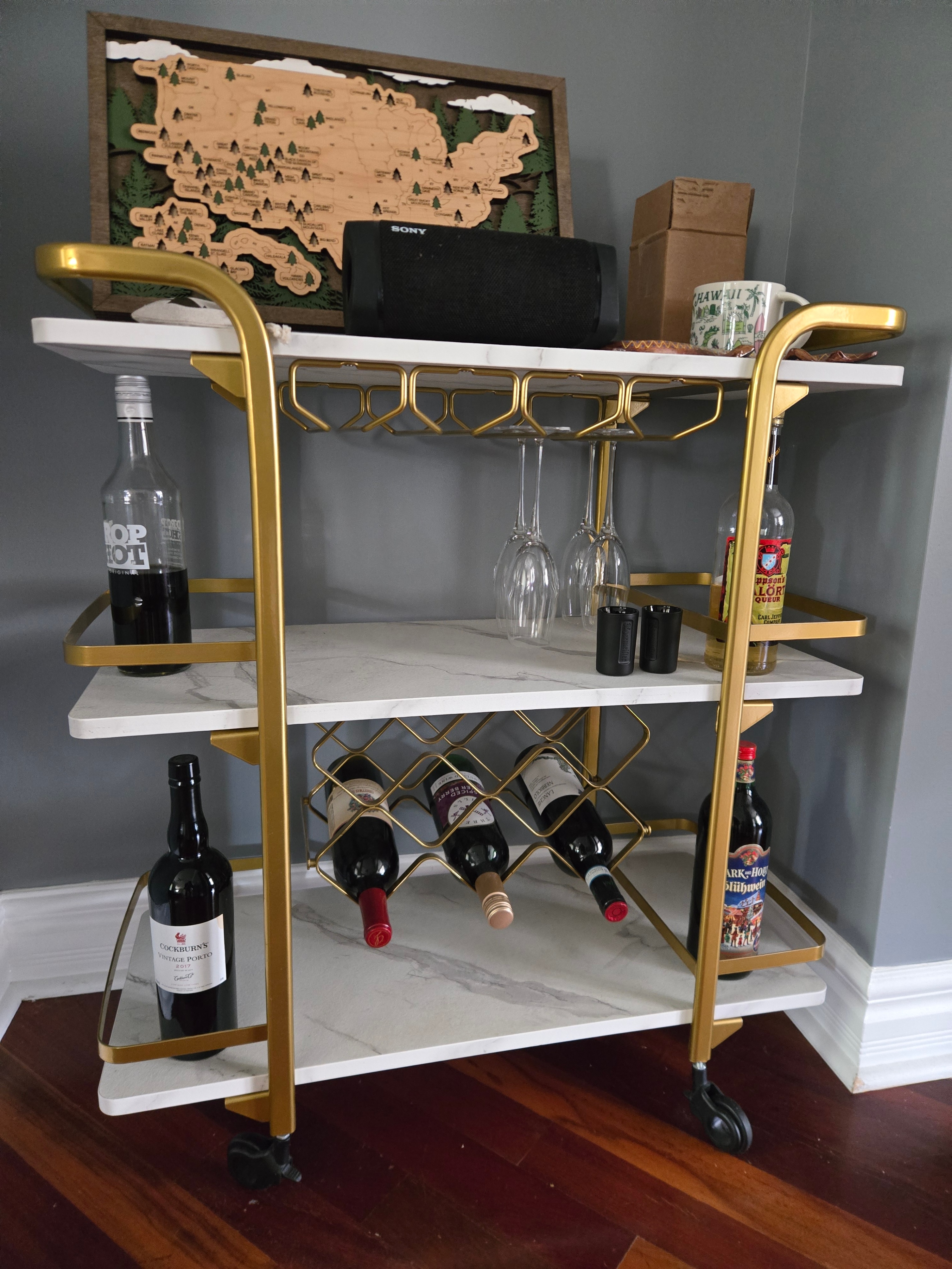 3-Tier Gold Bar Cart with Wine Rack & Glass Holder