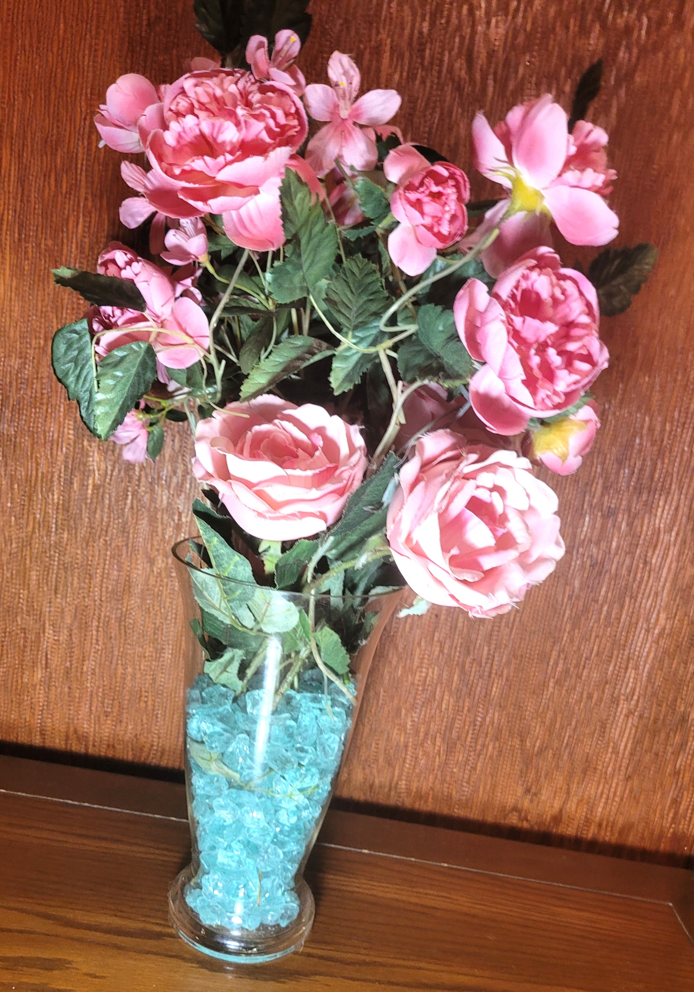 Large Pink Peony Floral Arrangement Clear Glass Vase Sea Glass - photo 5