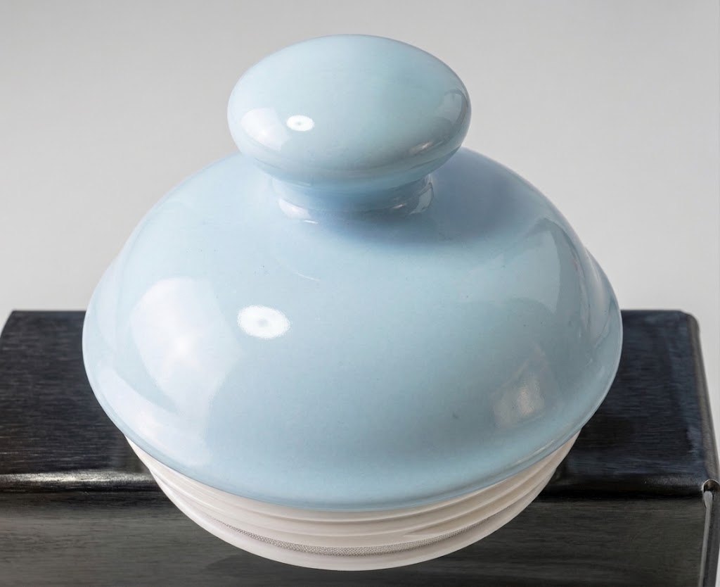 1980s Powder Blue Ceramic Ribbed Canister Jar Lidded 9" - photo 5