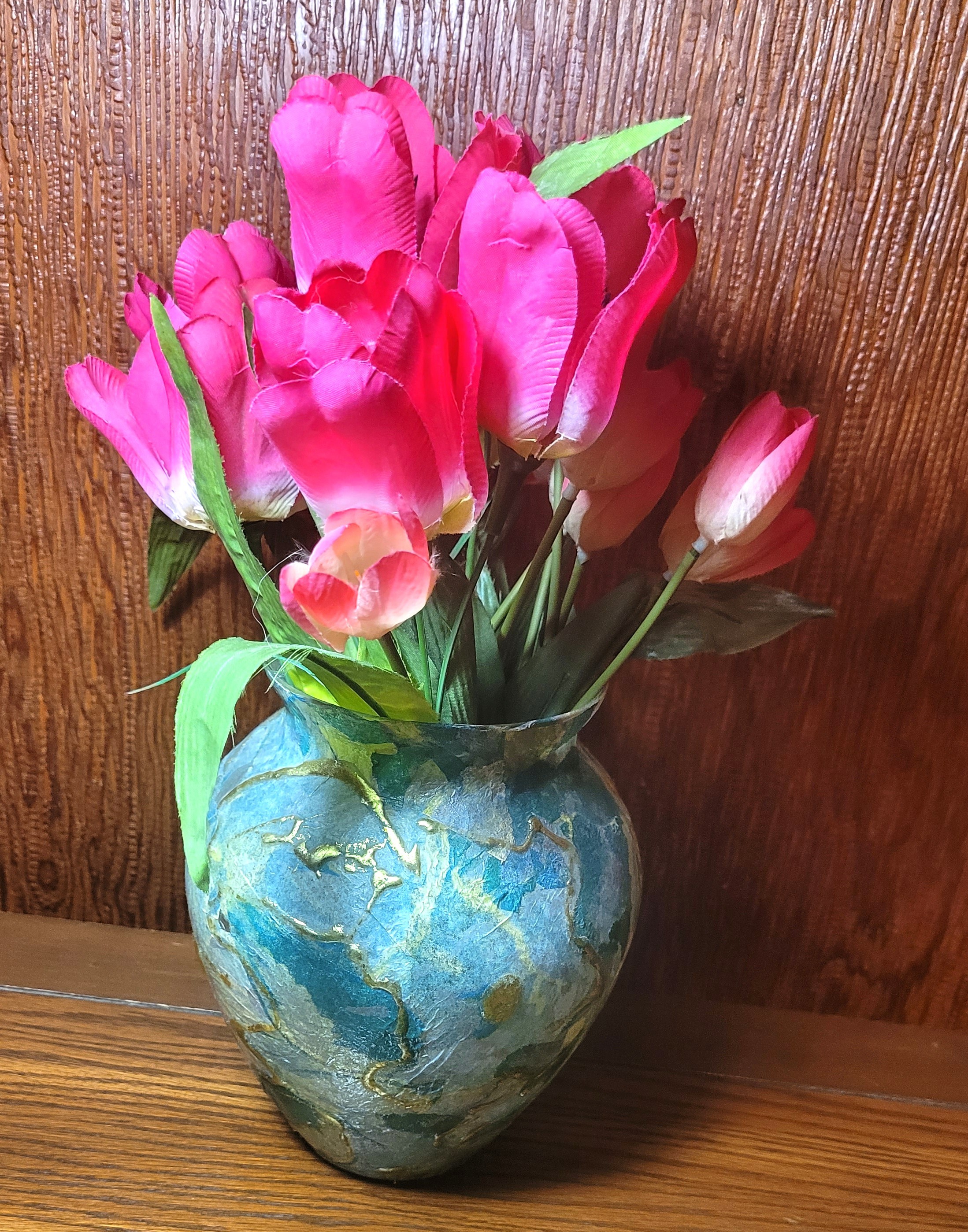 1990s Decoupage Floral Vase Pink Faux Tulips Arrangement - photo 5