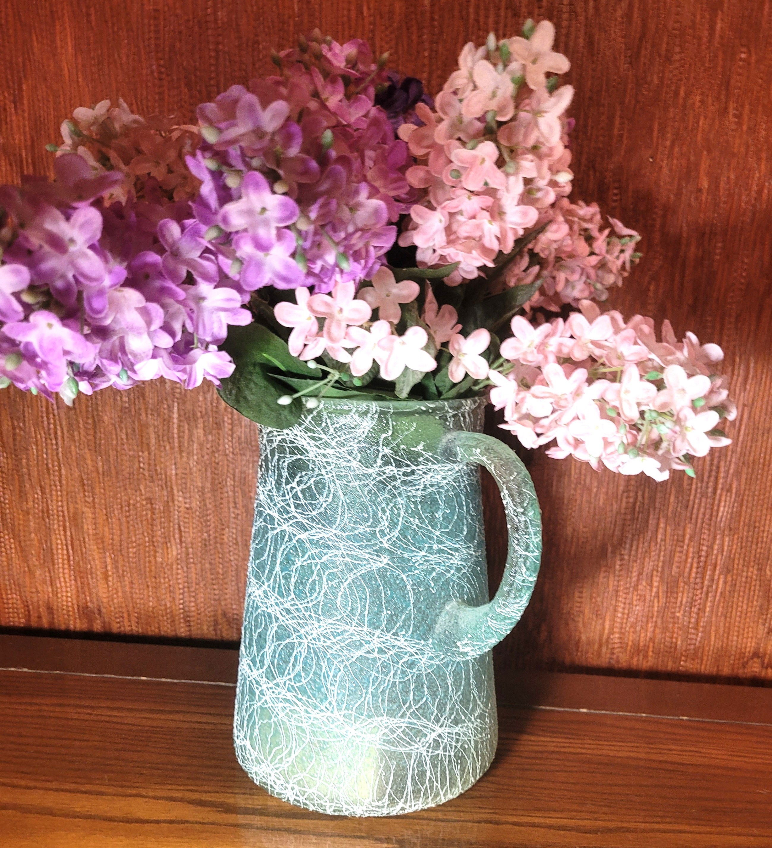 1950s Green Spaghetti Drizzle Glass Pitcher Vase Faux Lilacs