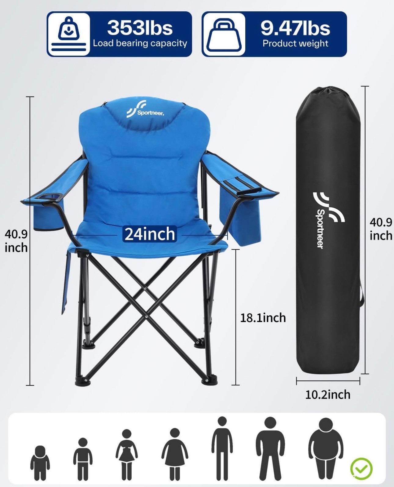Outdoor Chair Adjustable Backrest Cup Holder Cooler Bag Oversize - photo 2
