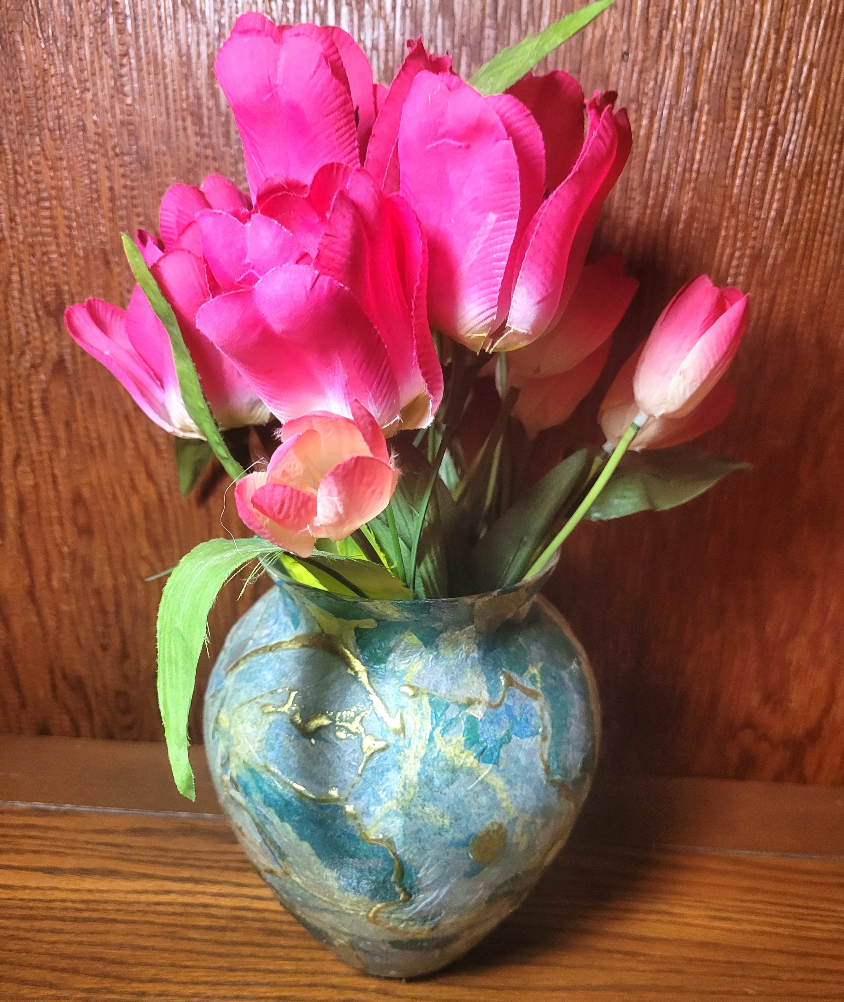 1990s Decoupage Floral Vase Pink Faux Tulips Arrangement - photo 2