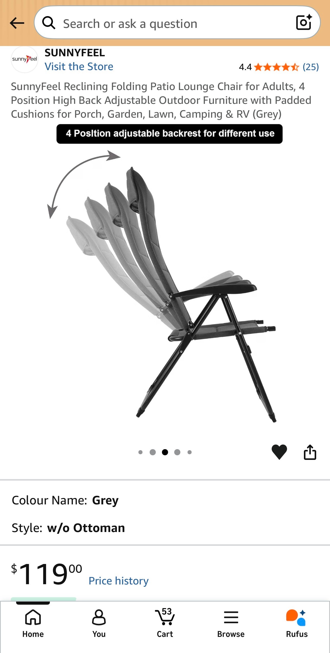 Reclining Folding Patio Chair 4 Position Adjustable Padded Cushi