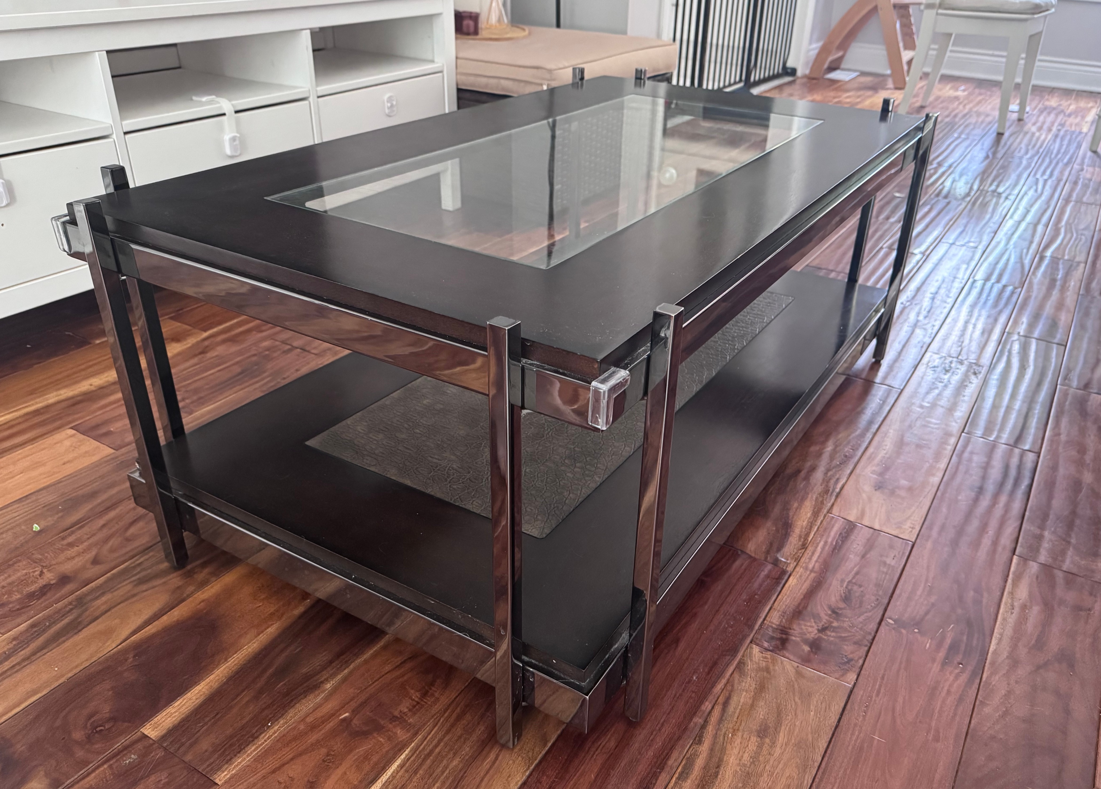 Large Black Coffee Table - Glass Top + Leather-Look Lower Shelf