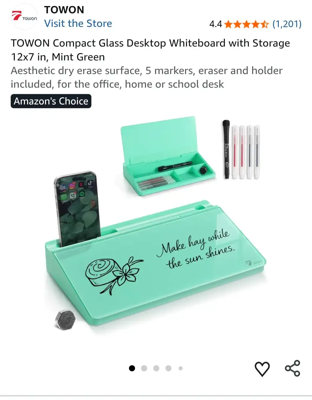 TOWON Compact Glass Desktop Whiteboard with Storage