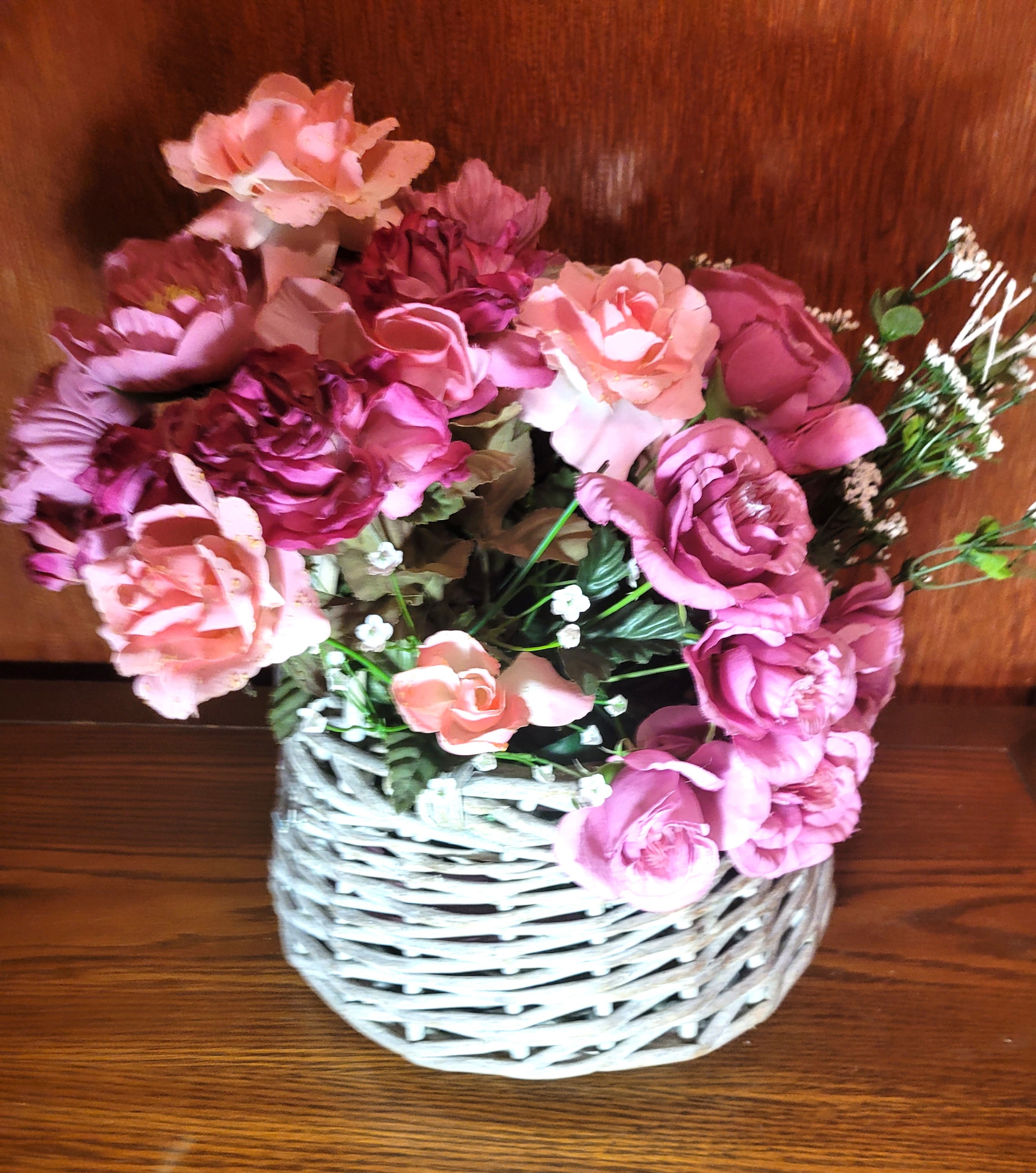 1990s Floral Basket Arrangement Pink Silk Roses Peonies Rustic - photo 5