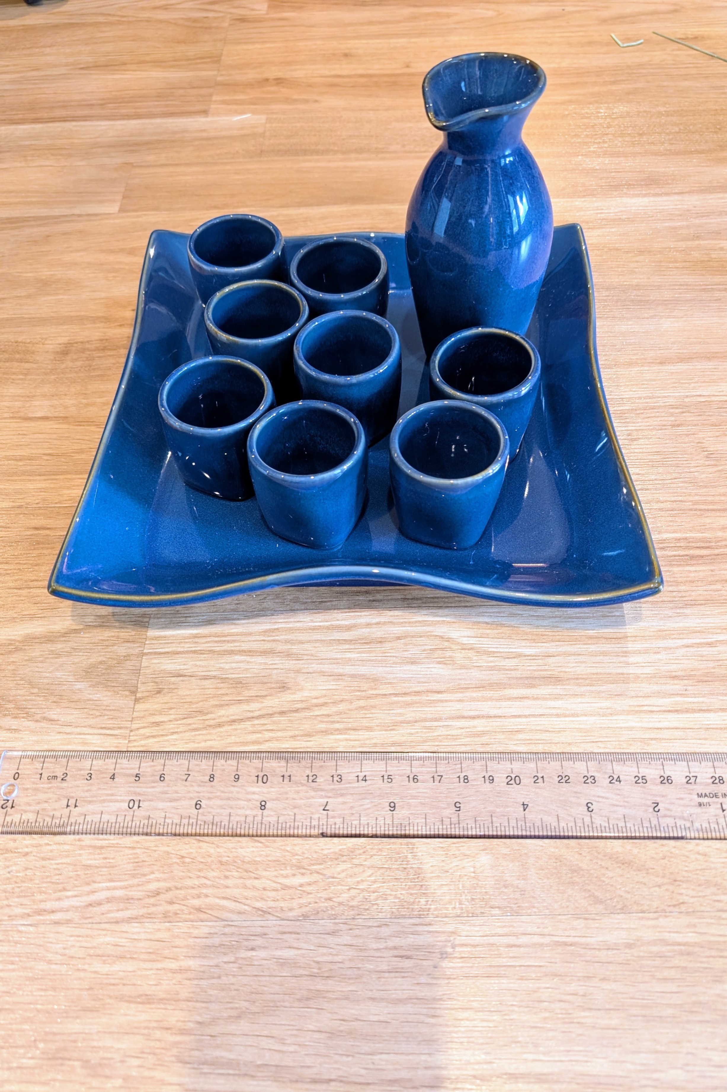 Blue Ceramic Sake Set with 8 Cups and Tray - photo 2