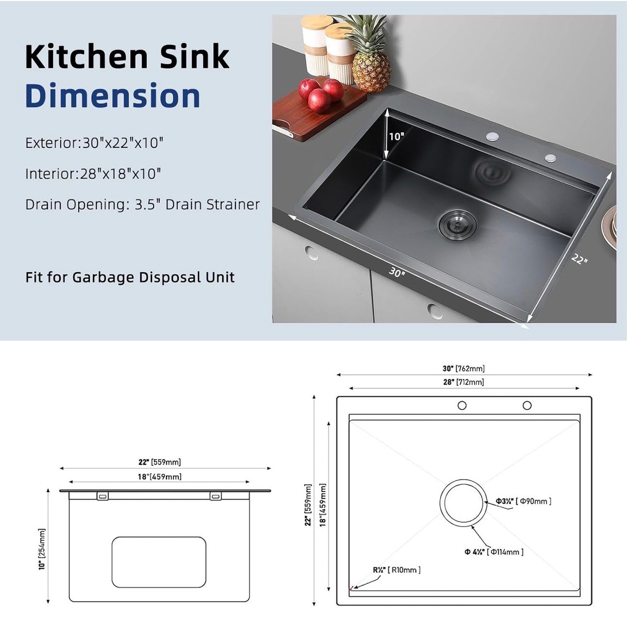 Black Kitchen Sink 30x22 Single Bowl 16 Gauge Stainless Steel - photo 3