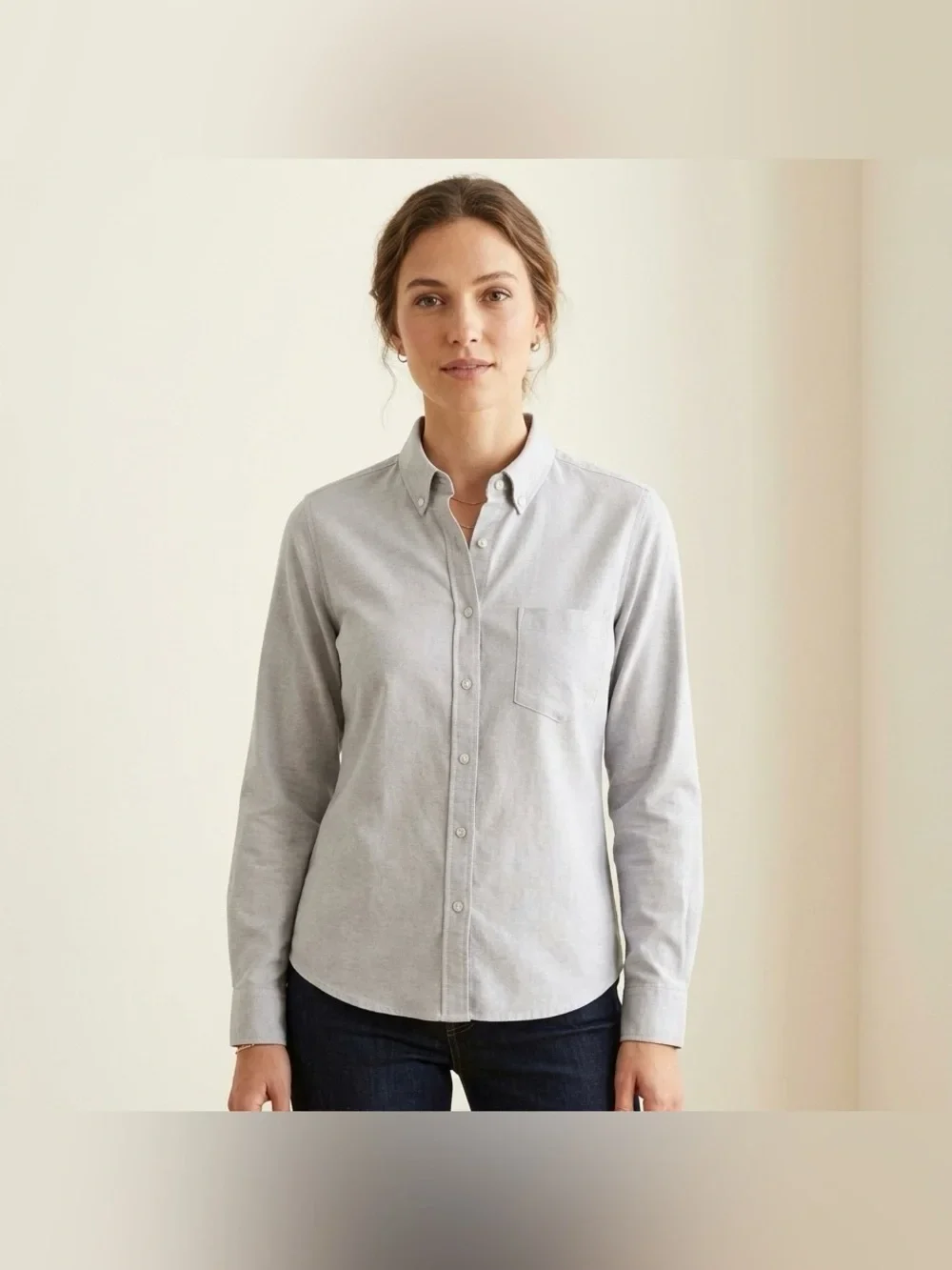 MGWDT Grey Chambray Fitted Long Sleeve Button Up Blouse Size S