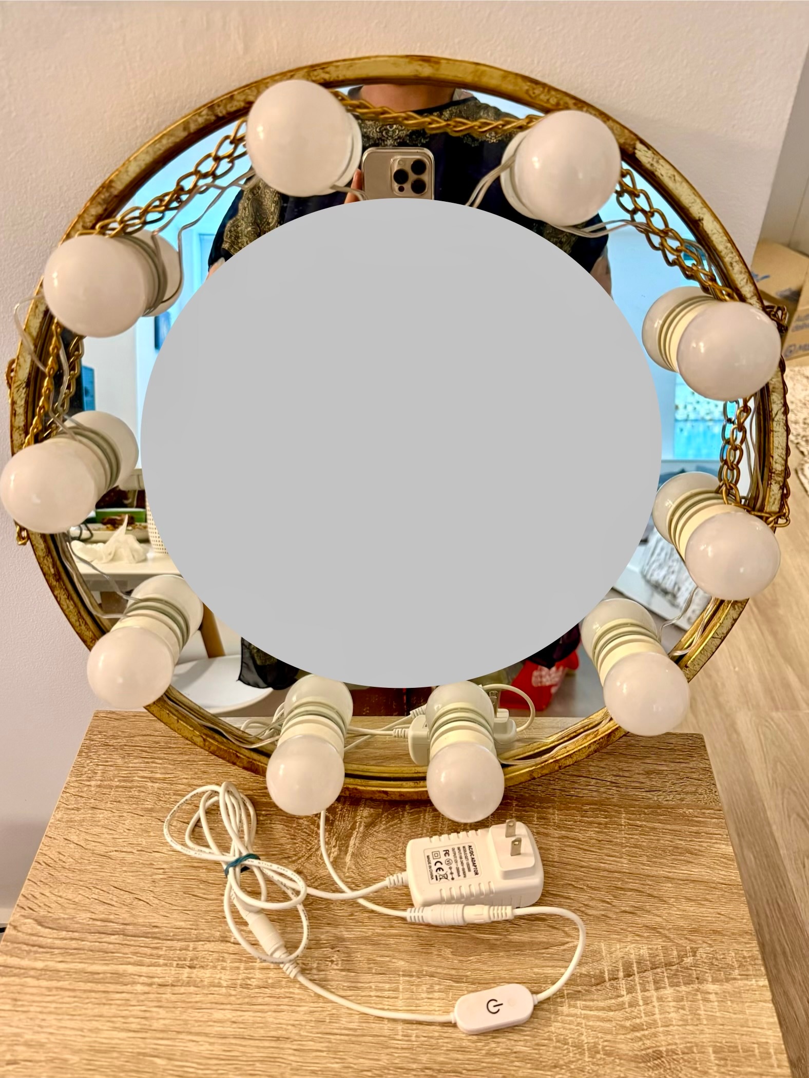 Rustic Round Wall Mirror with LED Vanity Lights - photo 2