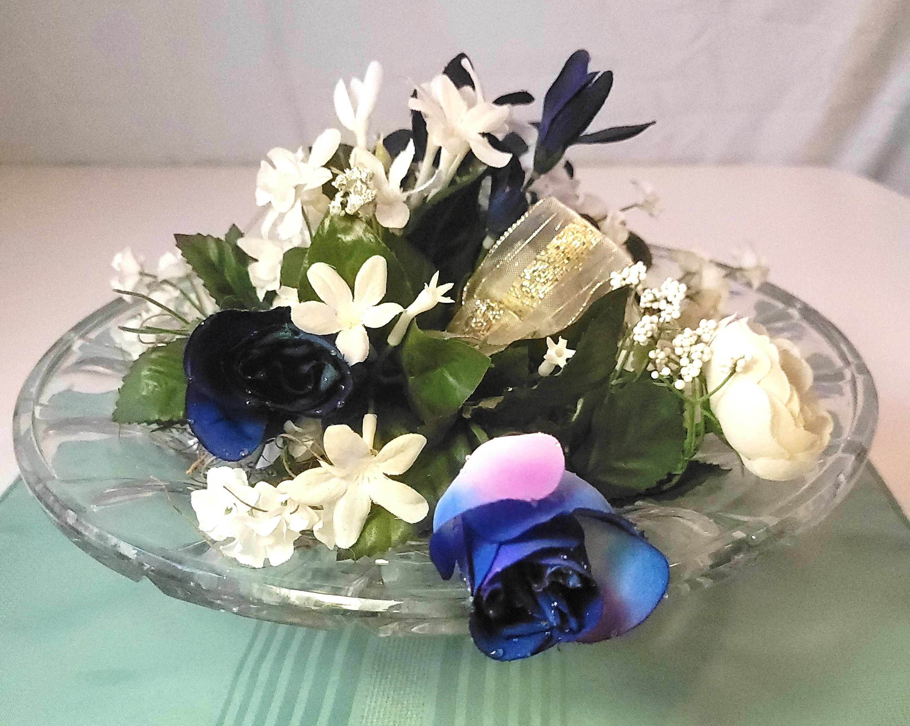1960s Clear Pressed Glass Bowl Faux Floral Centerpiece