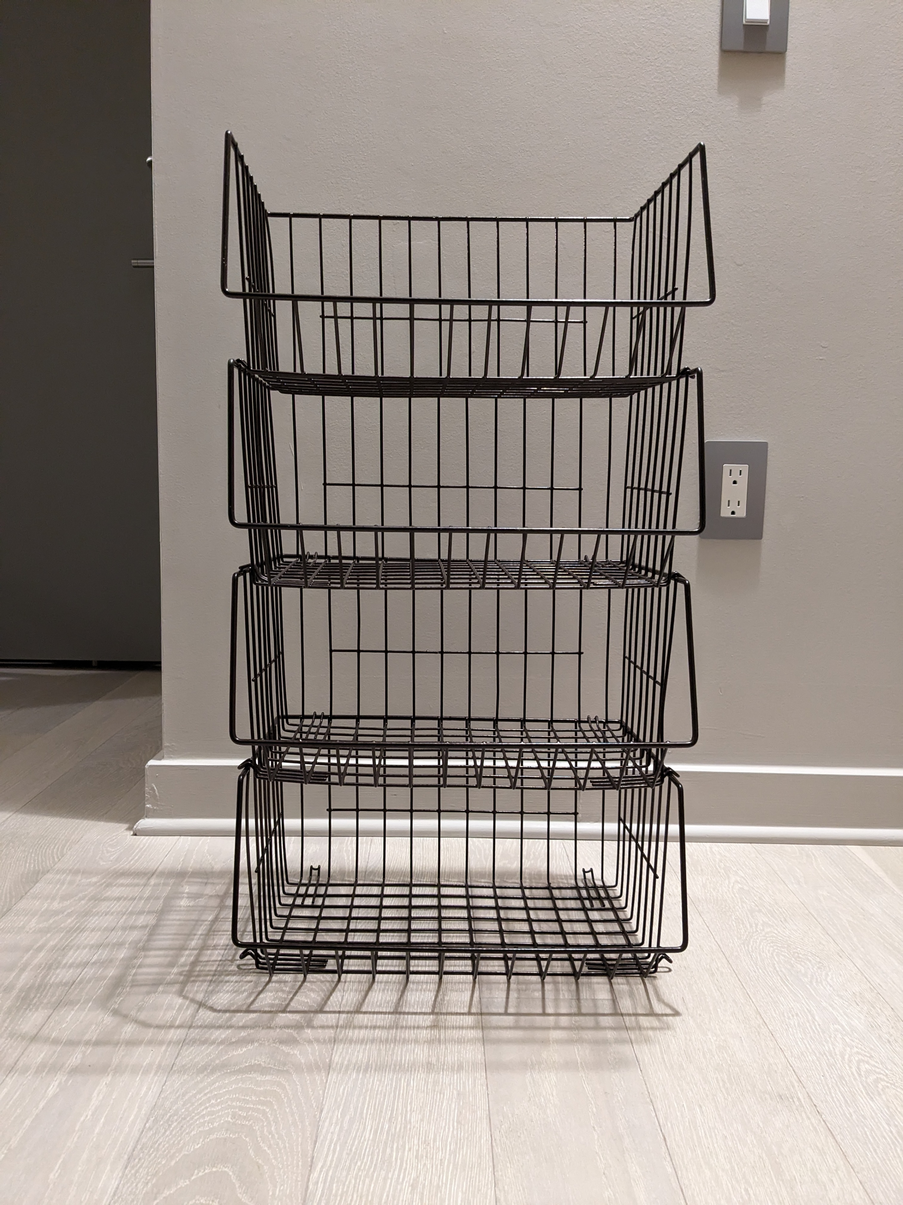 4 brown stackable wire metal bins