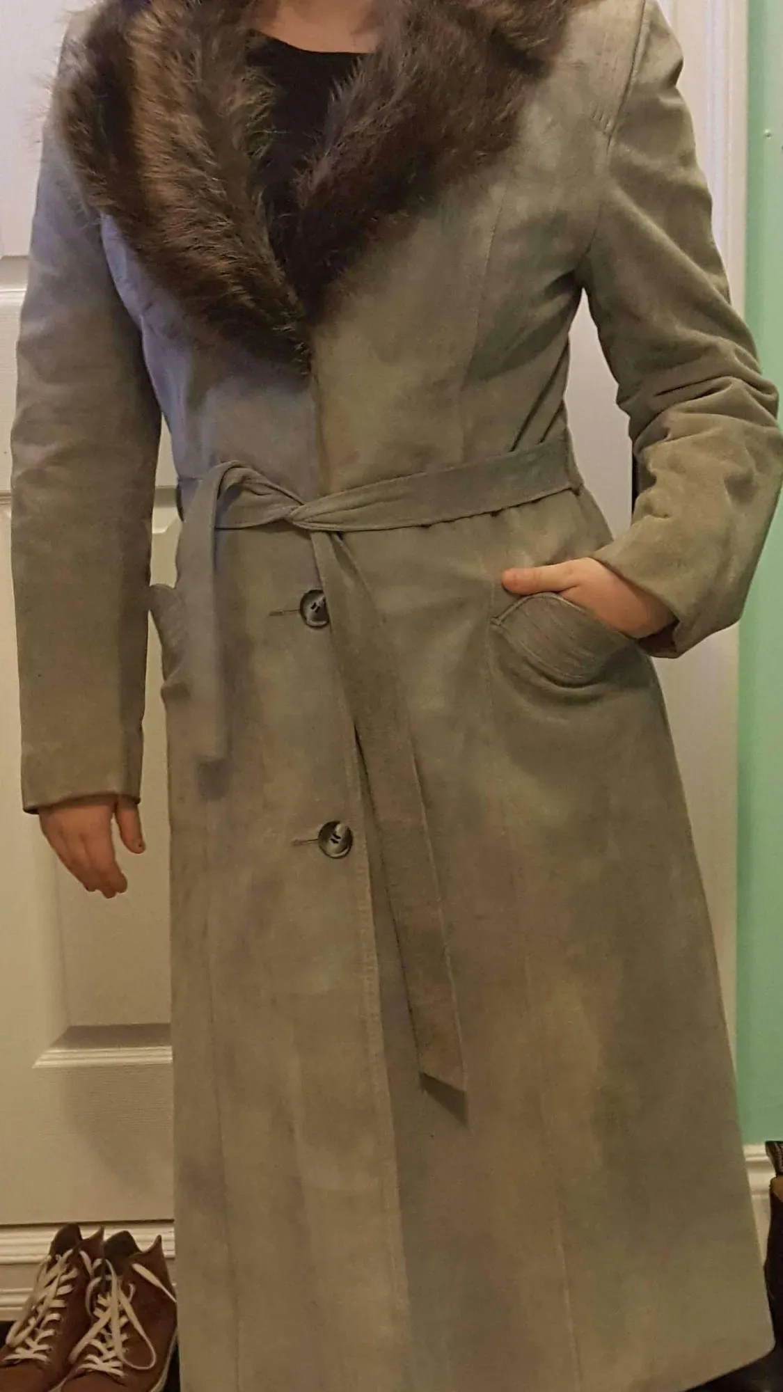 amazing vintage suede and fur collar coat - real, not vegan