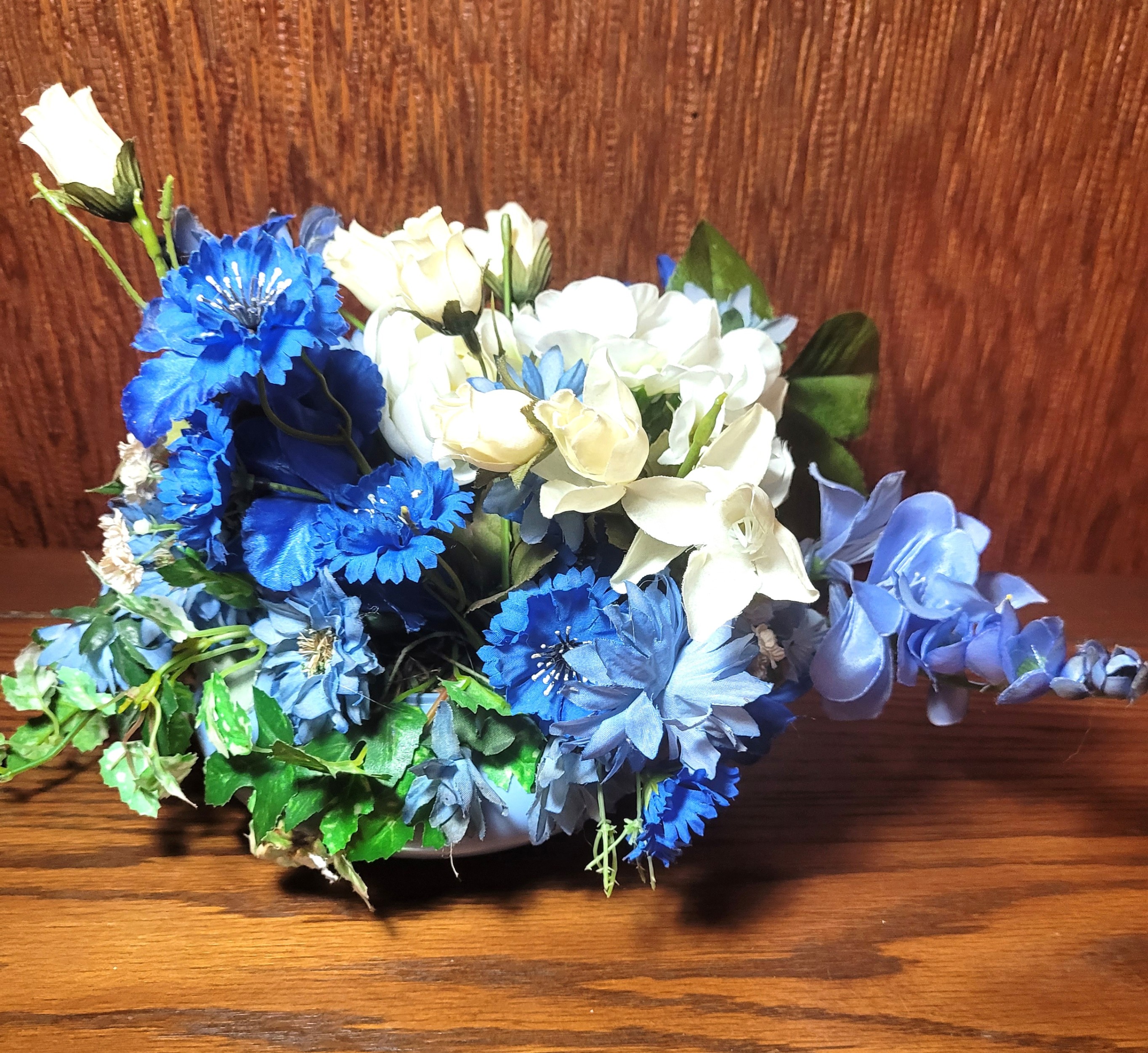 Vintage Blue & White Faux Floral Arrangement in Light Blue Bowl - photo 5