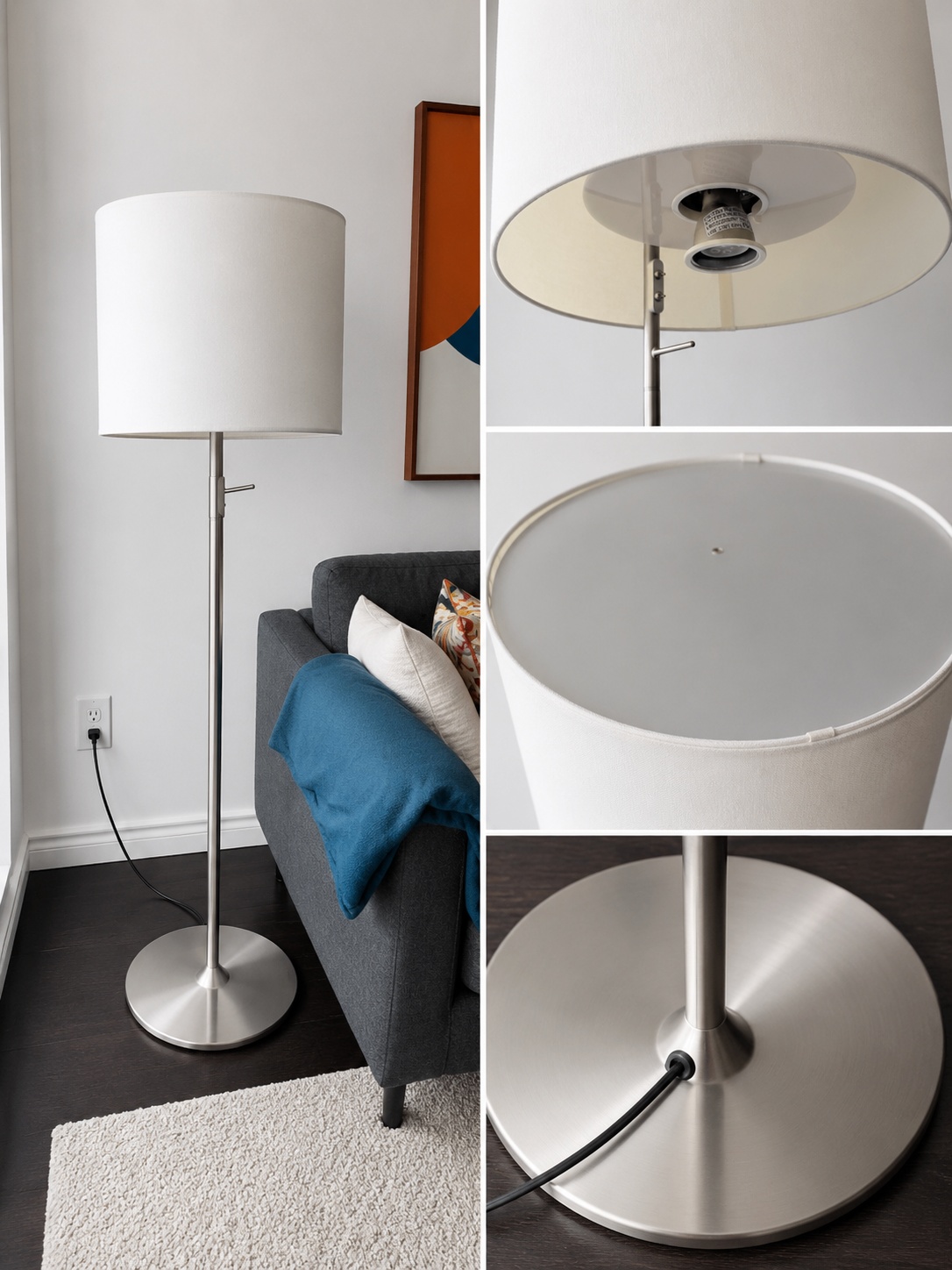 Modern Brushed Metal Floor Lamp – Large White Shade - photo 3