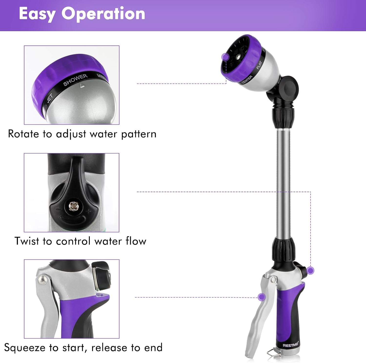 RESTMO 16" Heavy Duty Metal Garden Hose Wand – 7 Patterns - photo 3
