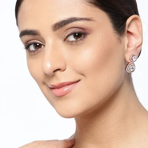 Rose Gold Tone Drop Earrings with White Crystals - photo 3
