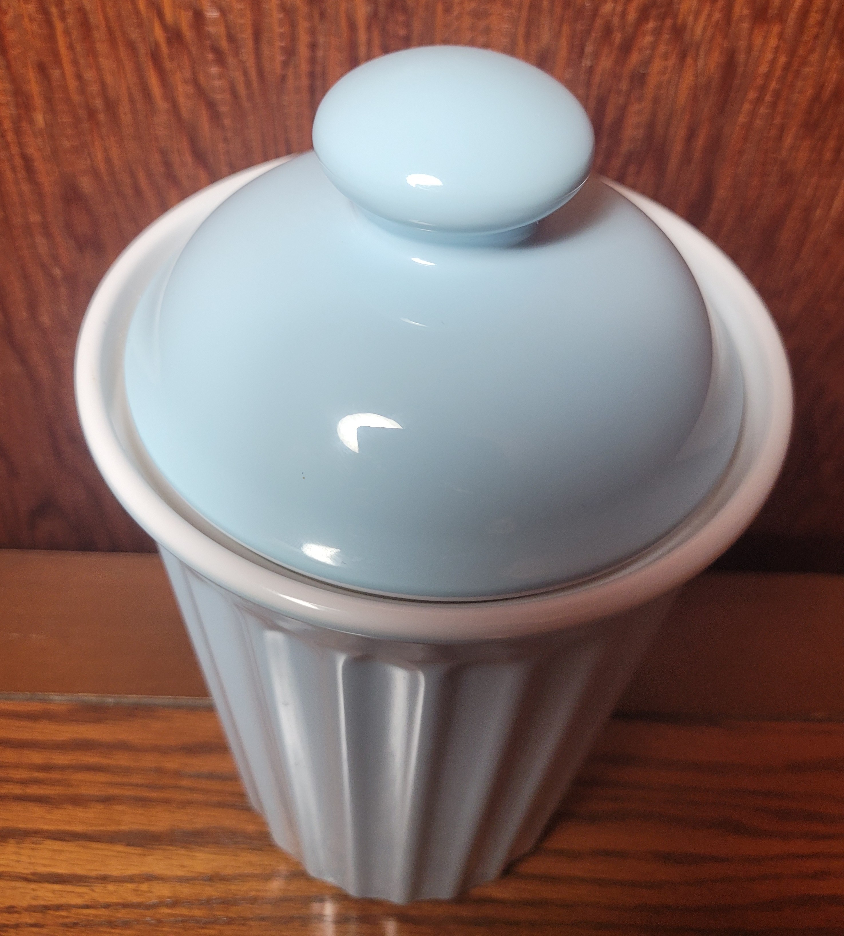 1980s Powder Blue Ceramic Ribbed Canister Jar Lidded 9" - photo 4