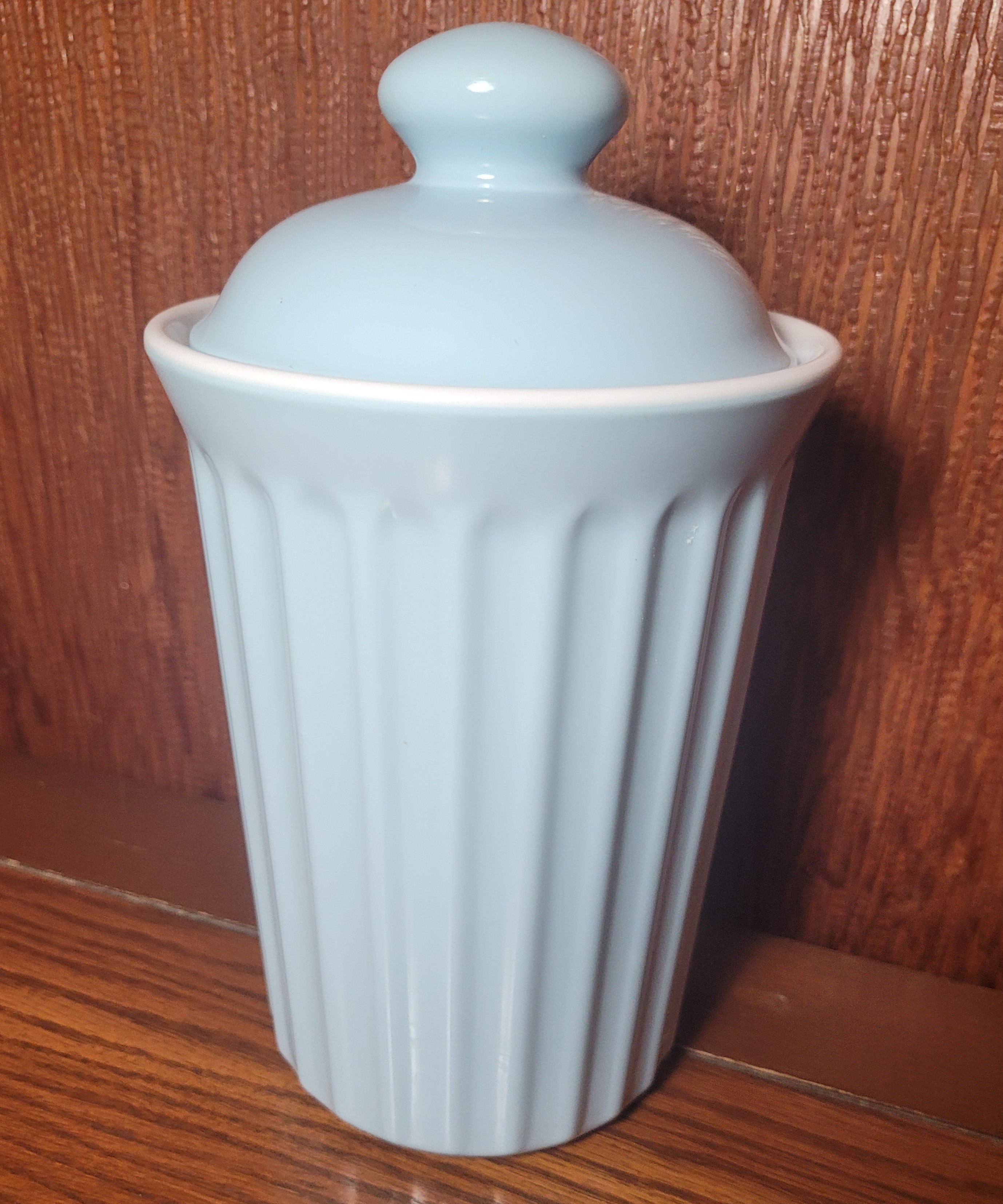1980s Powder Blue Ceramic Ribbed Canister Jar Lidded 9"