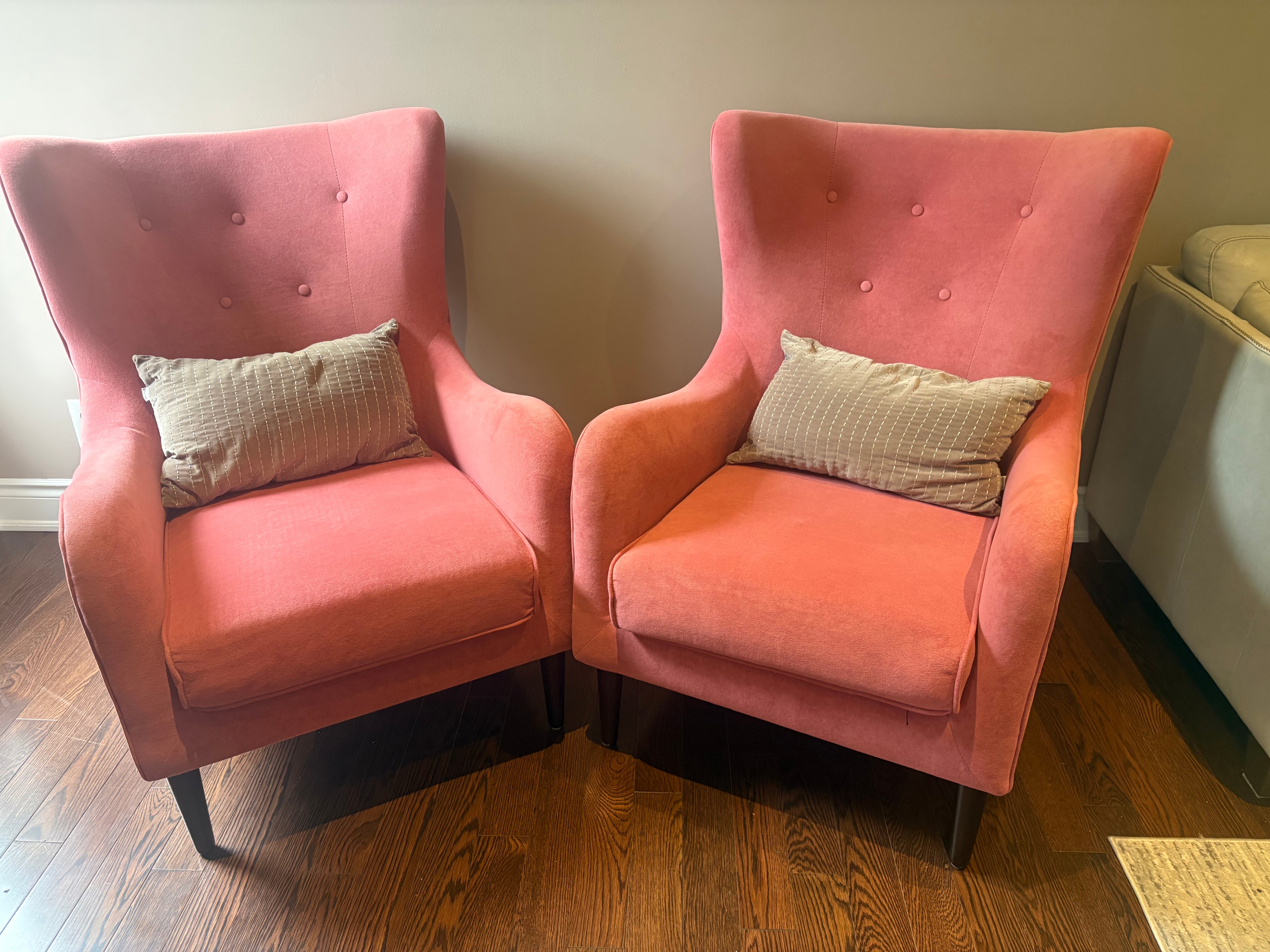 Pair of Pink Accent Chairs with Throw Pillows