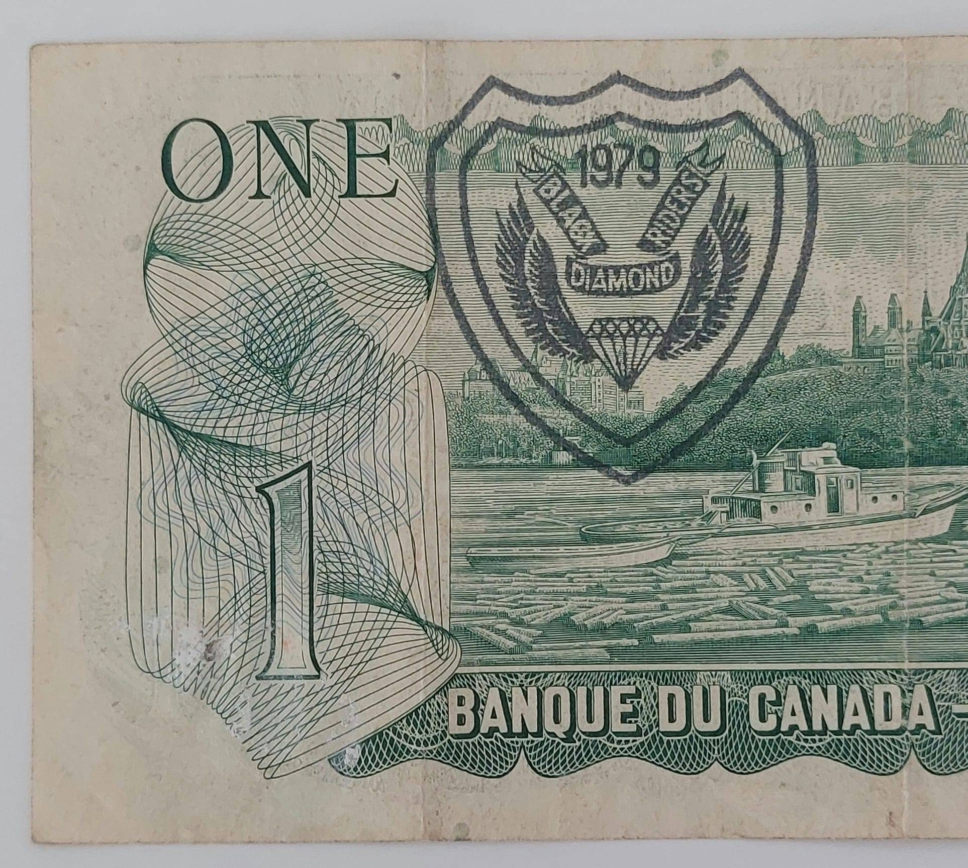 1973 Canadian $1 Note with Black Diamond Riders (BDR) 1979 Stamp
