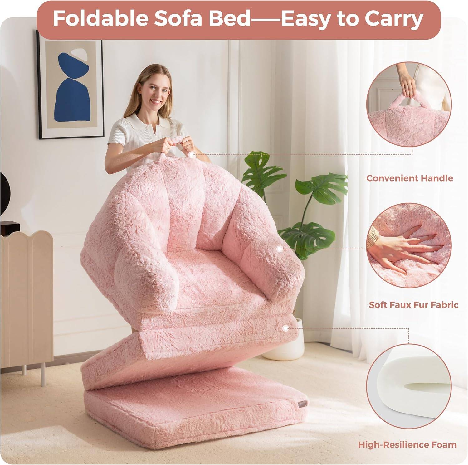NEW MAXXOYO Pink Faux Fur Foldable Sofa Bed - photo 5