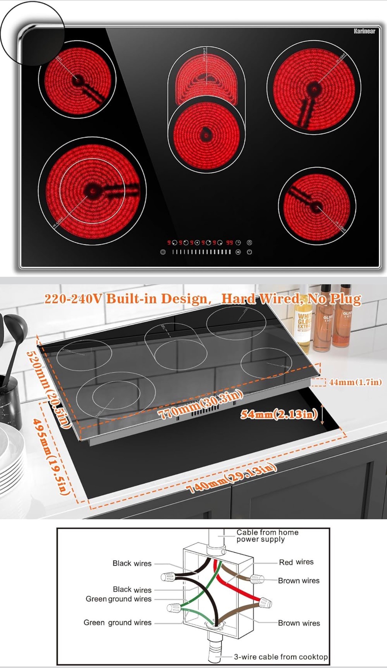 5 Burners Electric Cooktop 30" Countertop Glass Protection Metal - photo 2