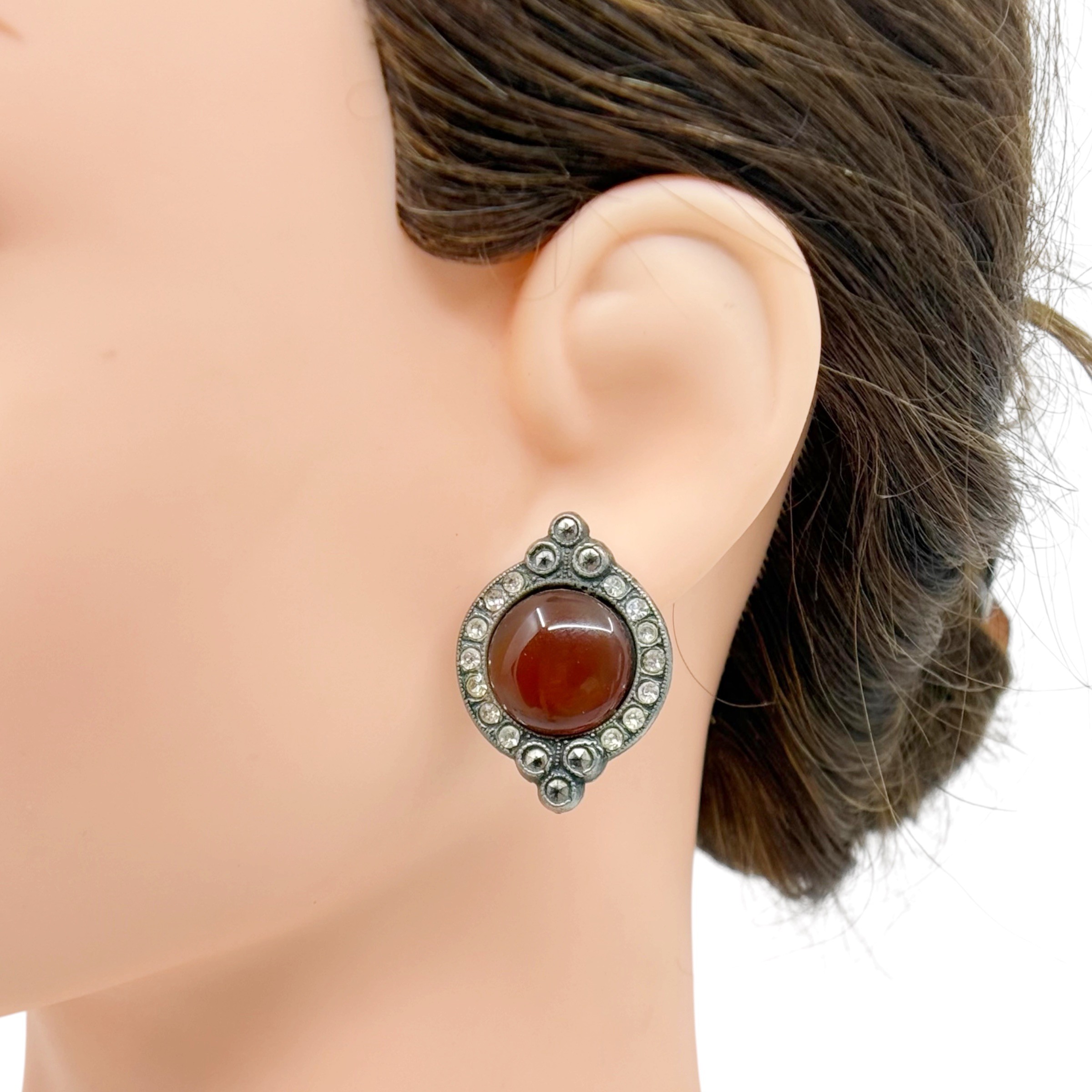 Silver Plated carnelian rhinestone & marcasite stud earrings - photo 5