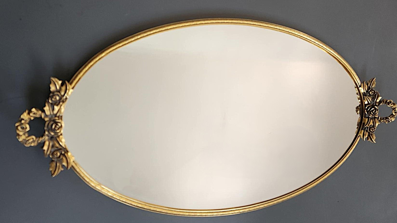 Mirrored Vanity Tray w/ Brass Floral Handles, Hollywood Regency