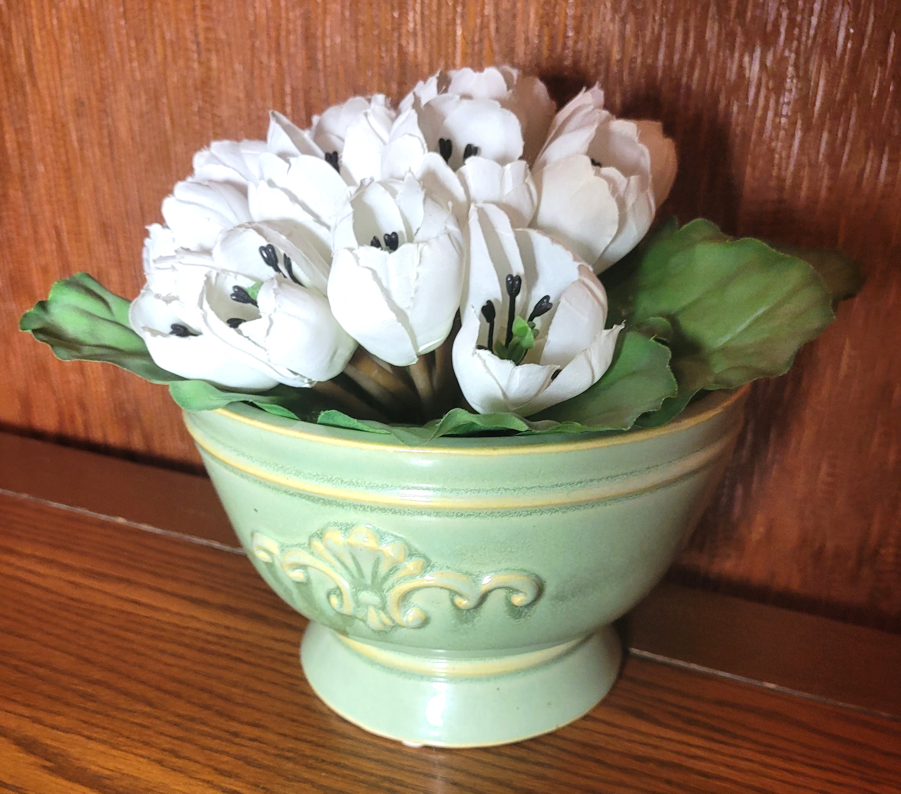 Vintage Style Green Glazed Ceramic Bowl Planter Vase Faux Flower - photo 5