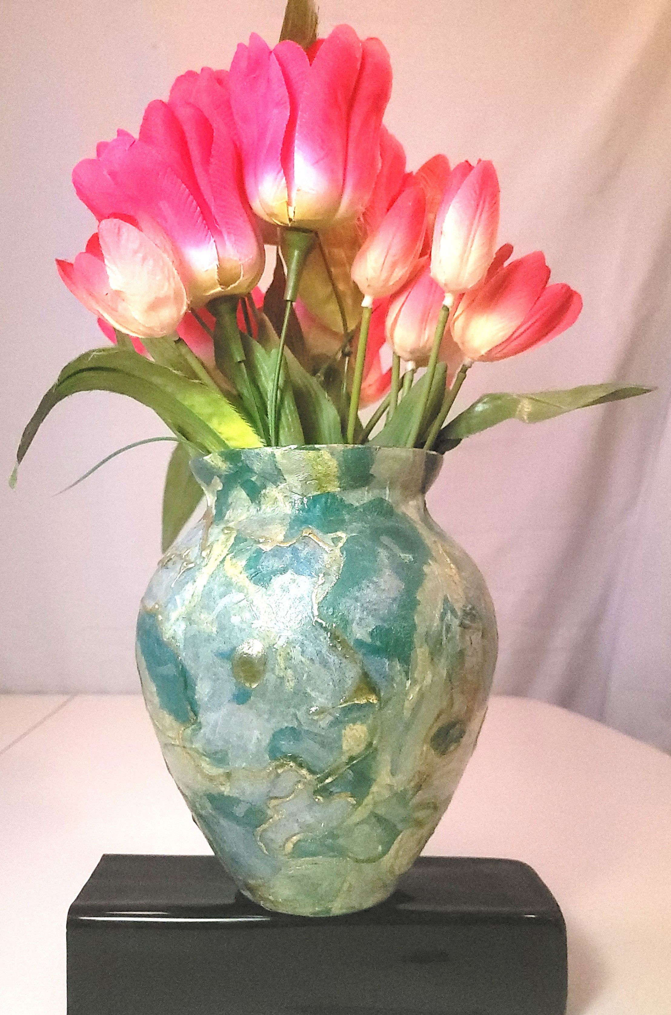 1990s Decoupage Floral Vase Pink Faux Tulips Arrangement