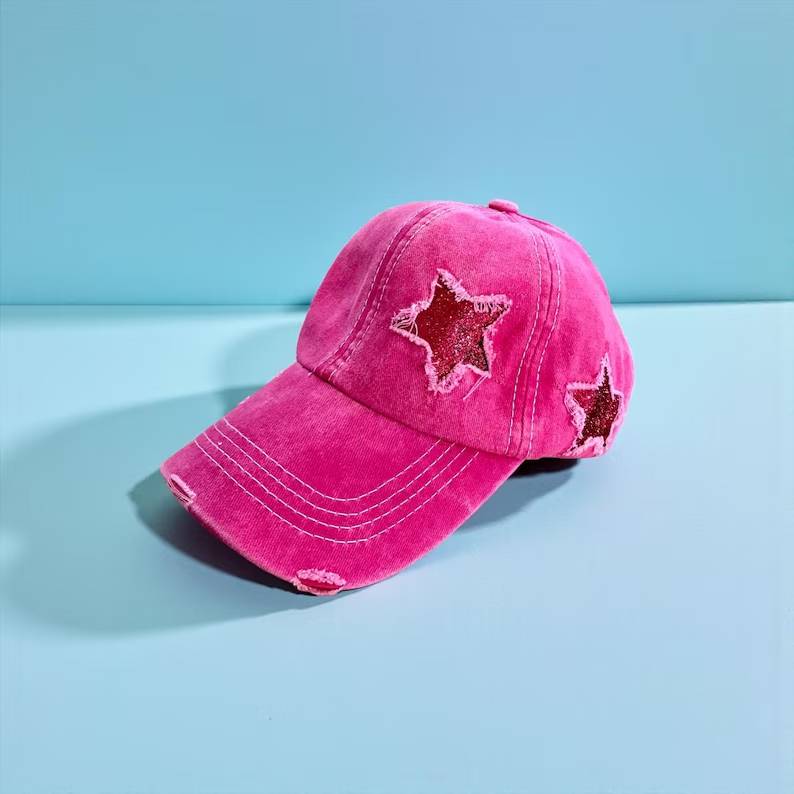 Baseball Glitter Star Cap Adjustable Summer Ponytail Hat (New)