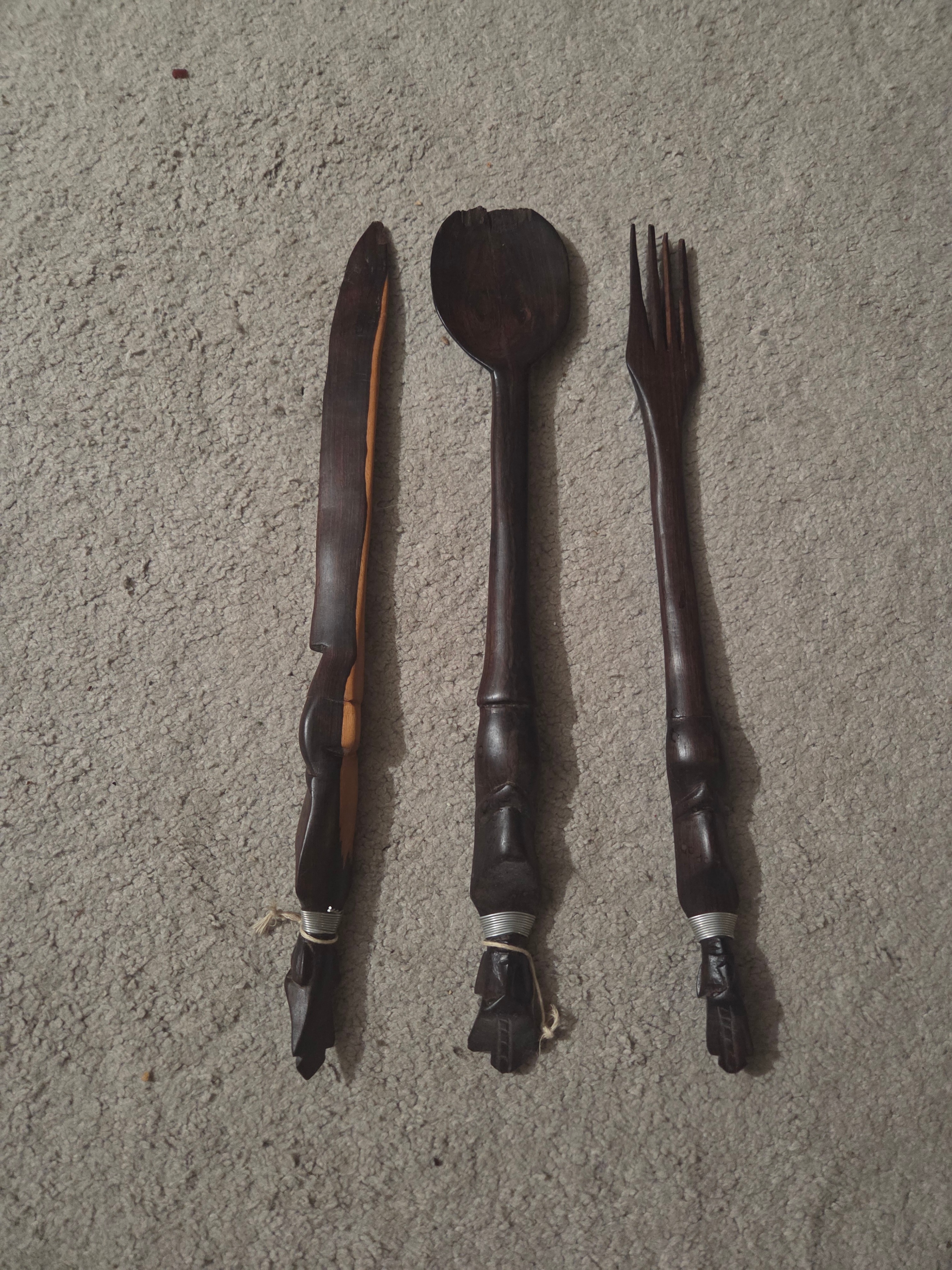 Vintage 14.5" Hand-Carved African Tribal Wood Salad Serving Set