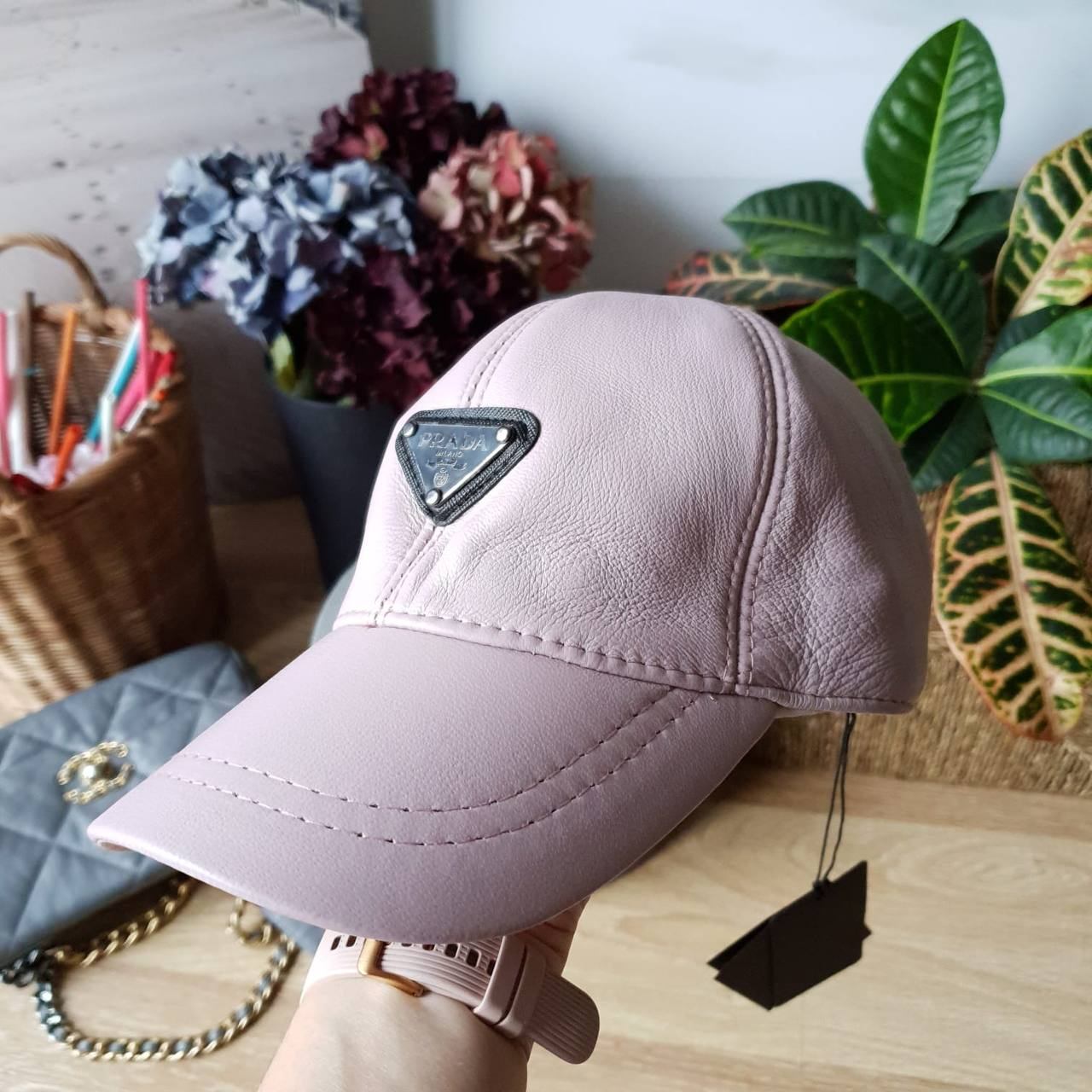 Prada Womens Leather Baseball Cap Hat Quartz Pink Triangle Logo